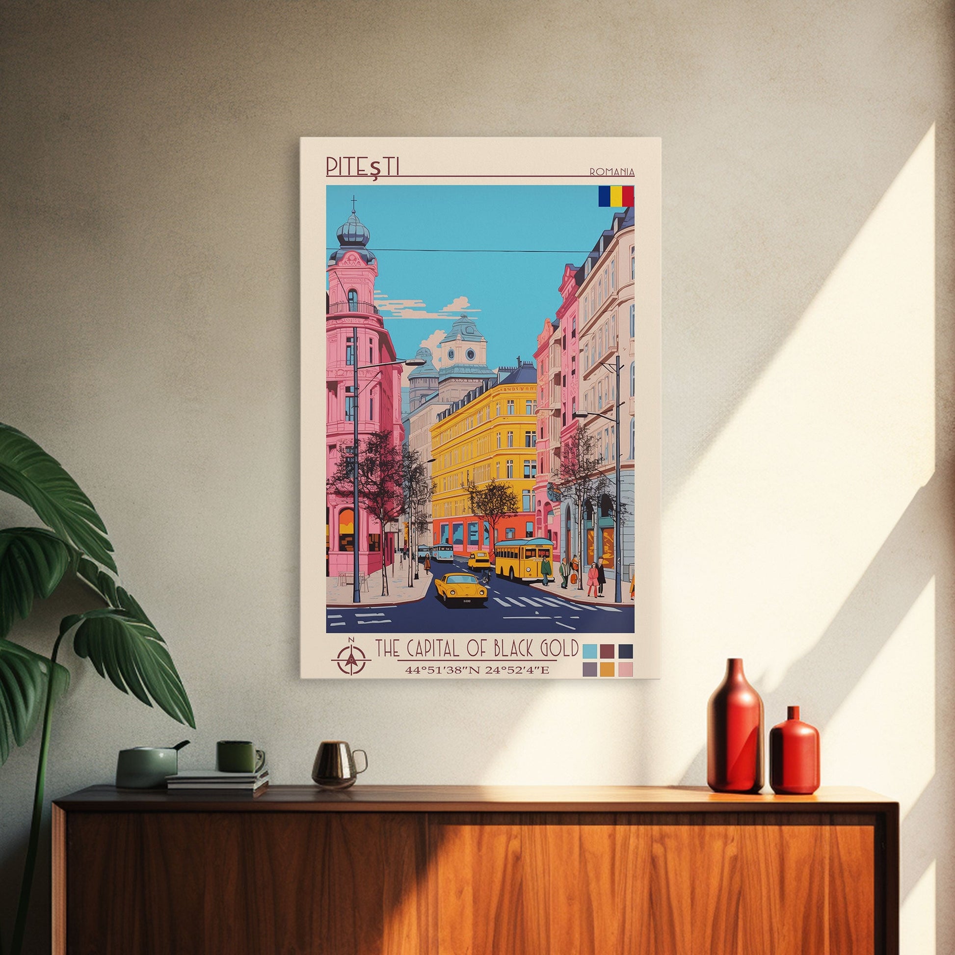Framed Pitești Romania travel poster canvas print featuring midcentury modern and pop art style wall decor for home or bedroom.