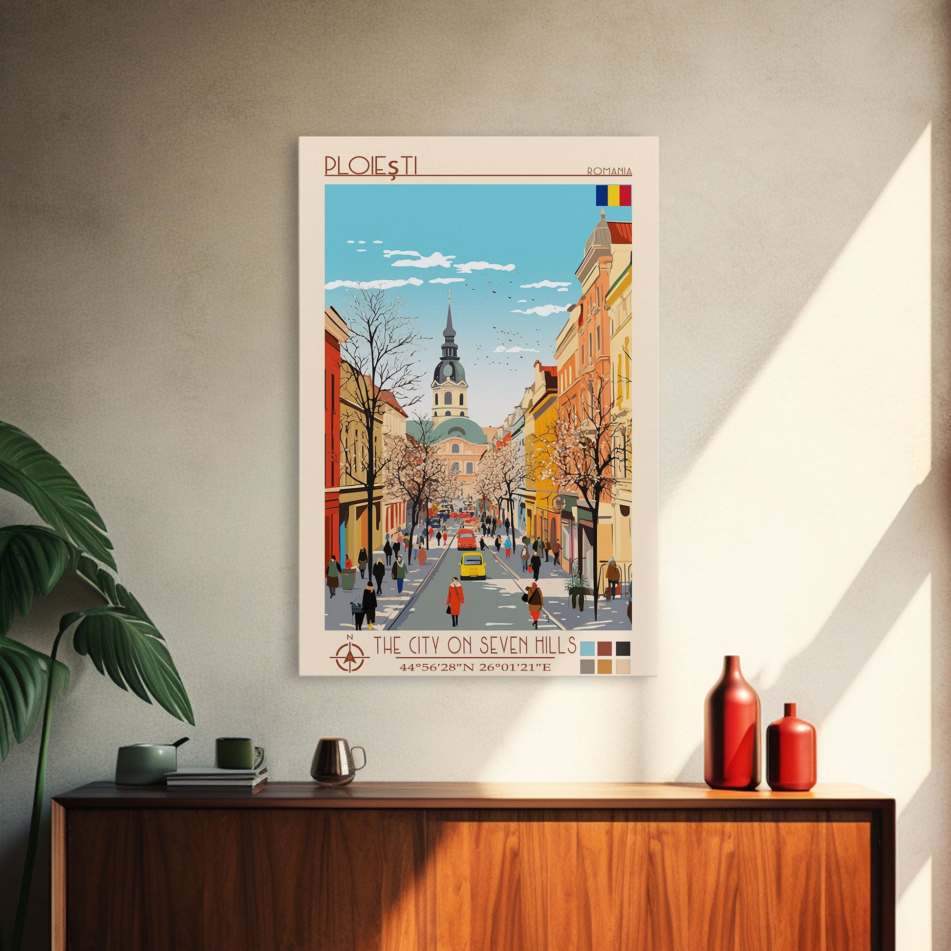 Framed canvas print of Ploiești Romania travel poster featuring midcentury modern and pop art style for wall decor.