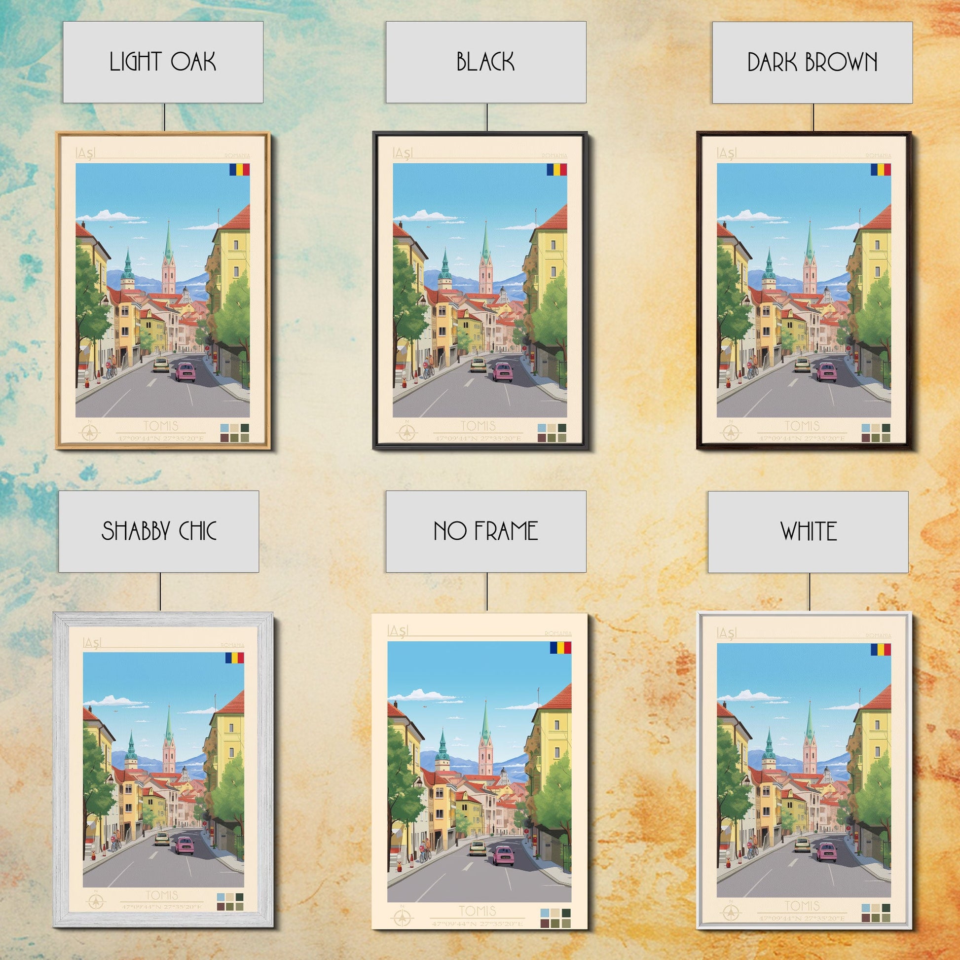 Framed canvas print of Iași, Romania travel poster featuring midcentury modern and pop art styles, for living room or office decor.