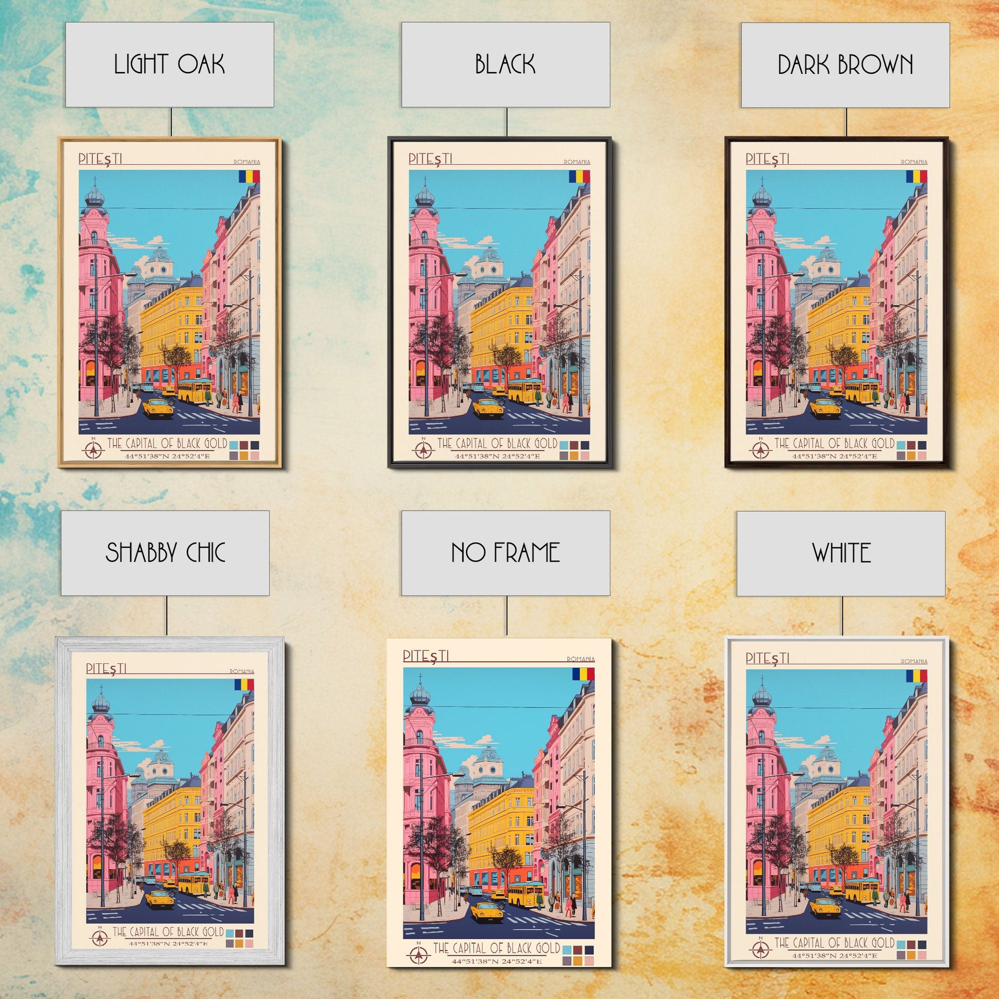 Framed canvas print of Pitești Romania travel poster featuring midcentury modern and pop art style wall decor.