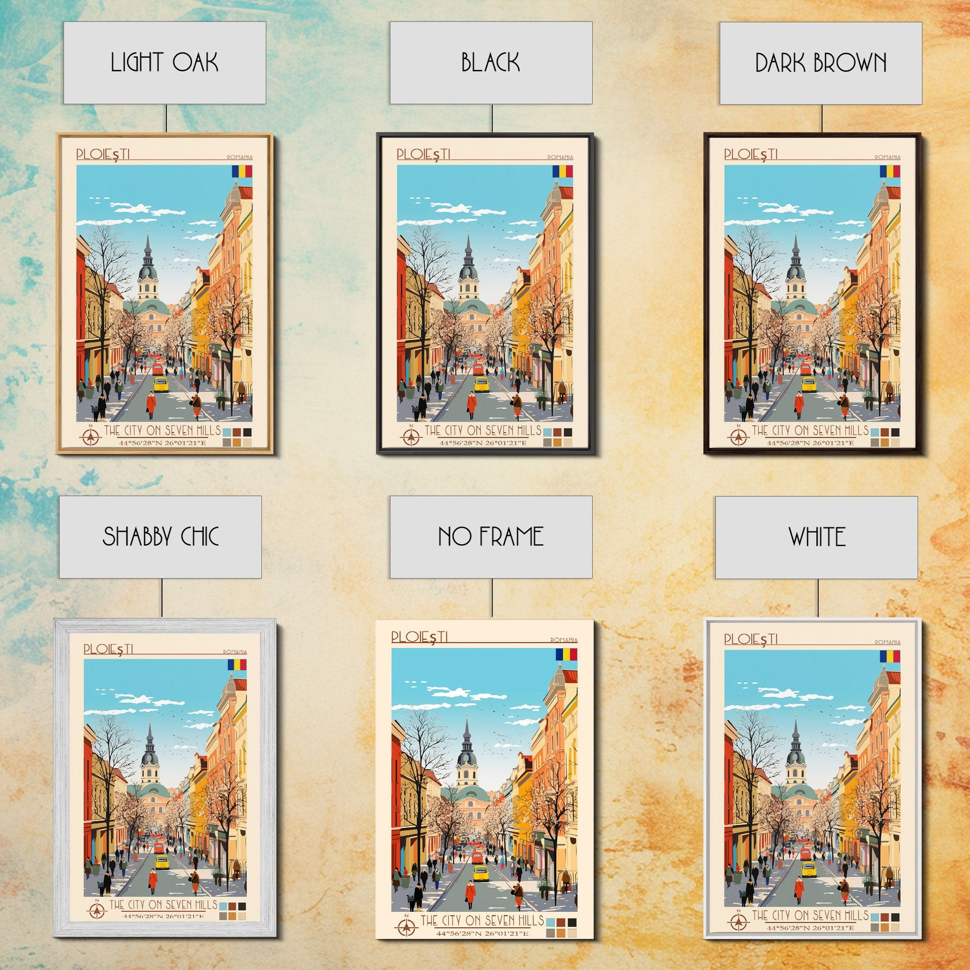 Framed canvas print of Ploiești Romania travel poster by NuevArt, featuring scenic midcentury modern pop art wall decor.