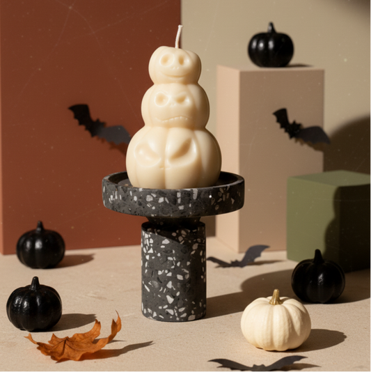 Hand-Poured Pumpkin Soy Candle – Fall Sculpture in Orange, Ivory & Gray