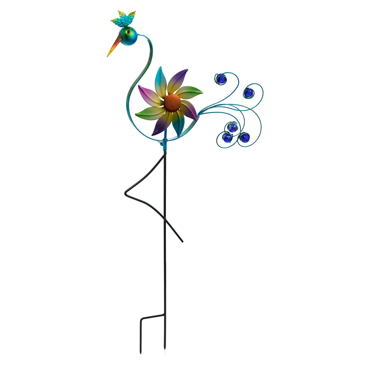 Cheerful Summer Days Windspinner Garden Stake, Green/yellow/pink Bird, Short