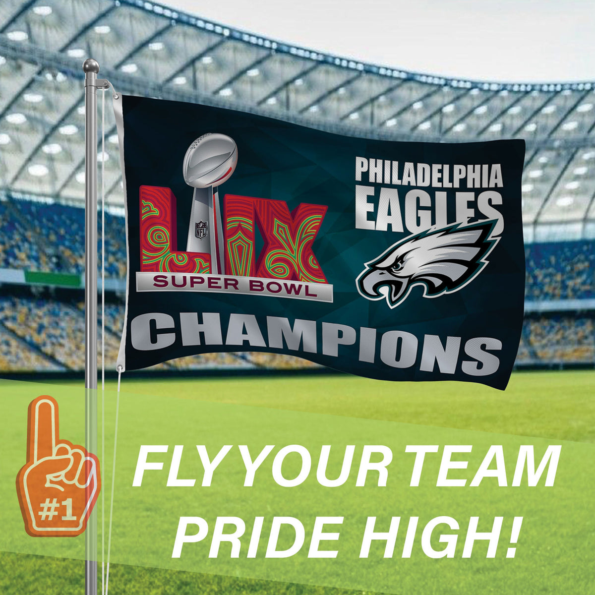 Philadelphia Eagles Super Bowl 59 Champions Single Sided Flag w/ 2 Grommets, 3'x5' Estate Size