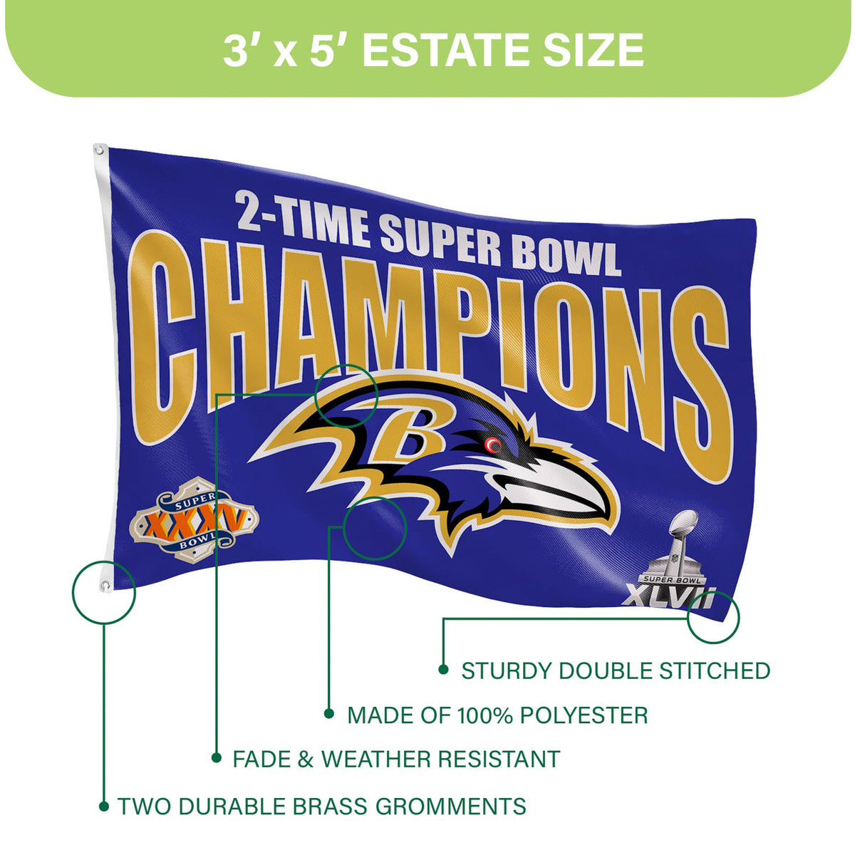 Baltimore Ravens 3X Superbowl Champions Football 3x5 Flag