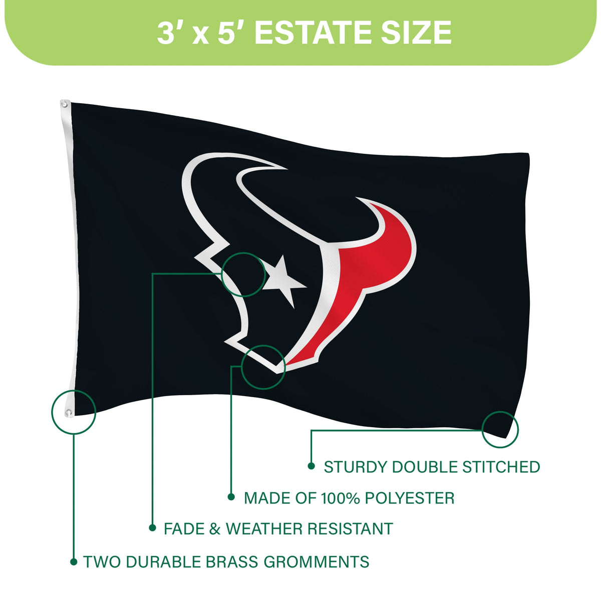 Houston Texans Single Sided Flag w/ 2 Grommets, 3'x5'