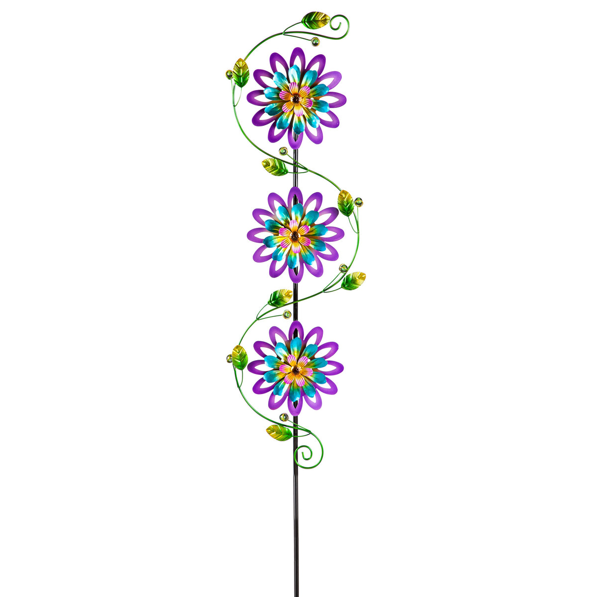 71"H Garden Stake with Spinning Flowers, Violet Trio