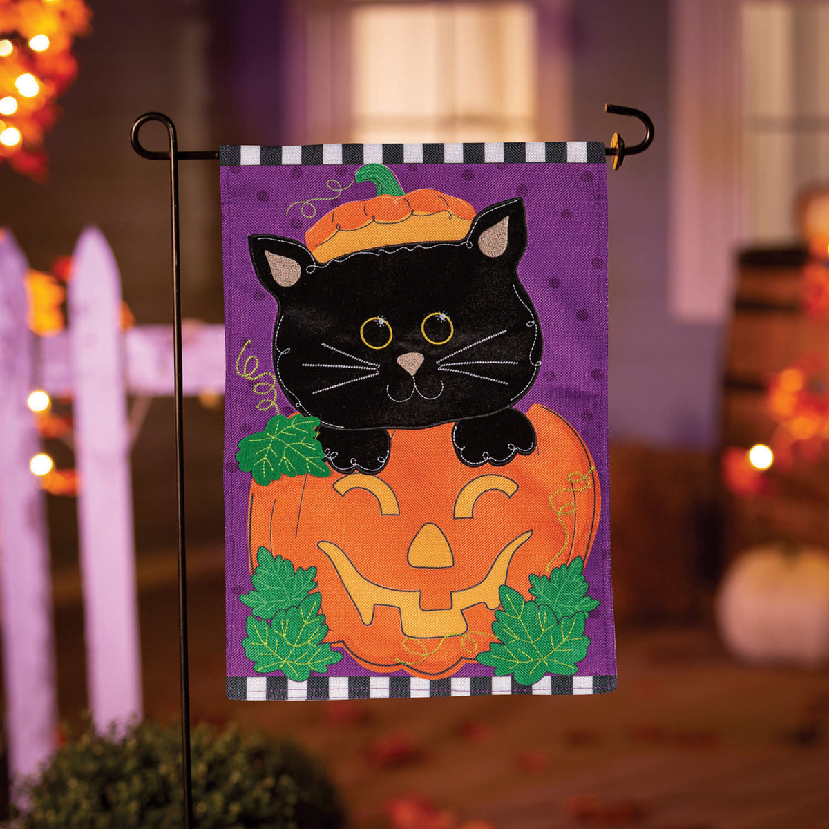 Jack O'Lantern & Black Cat Burlap Garden Flag