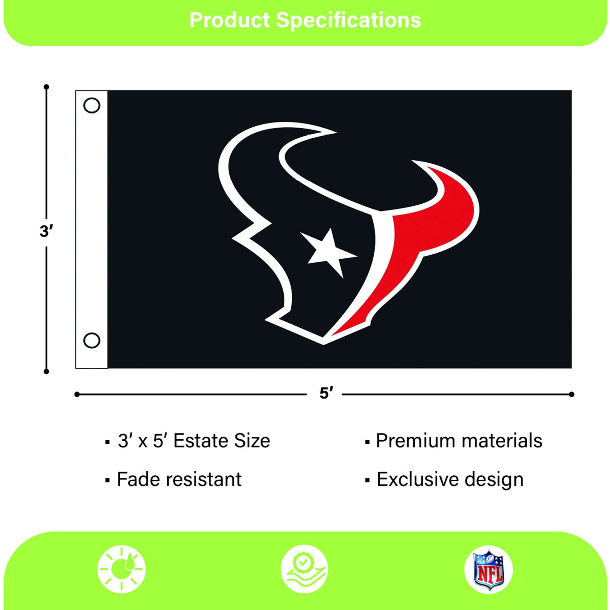 Houston Texans Single Sided Flag w/ 2 Grommets, 3'x5'