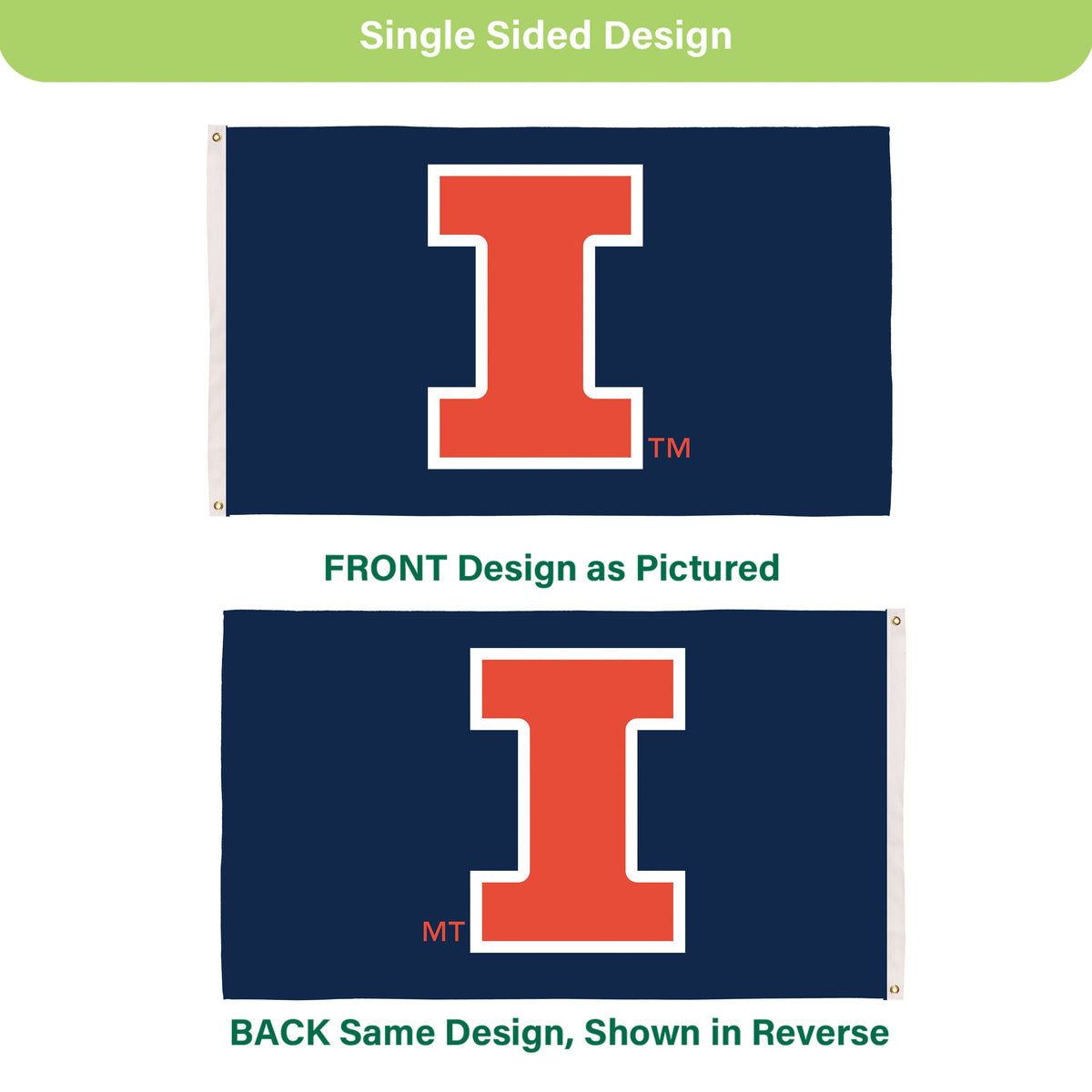 University of Illinois Single Sided Flag w/ 2 Grommets, 3'x5'