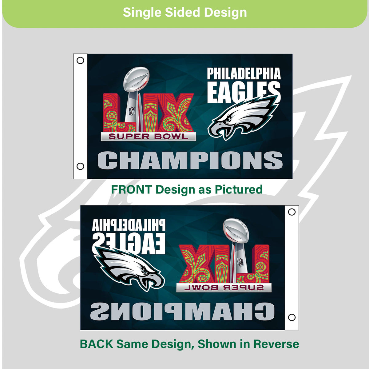 Philadelphia Eagles Super Bowl 59 Champions Single Sided Flag w/ 2 Grommets, 3'x5' Estate Size