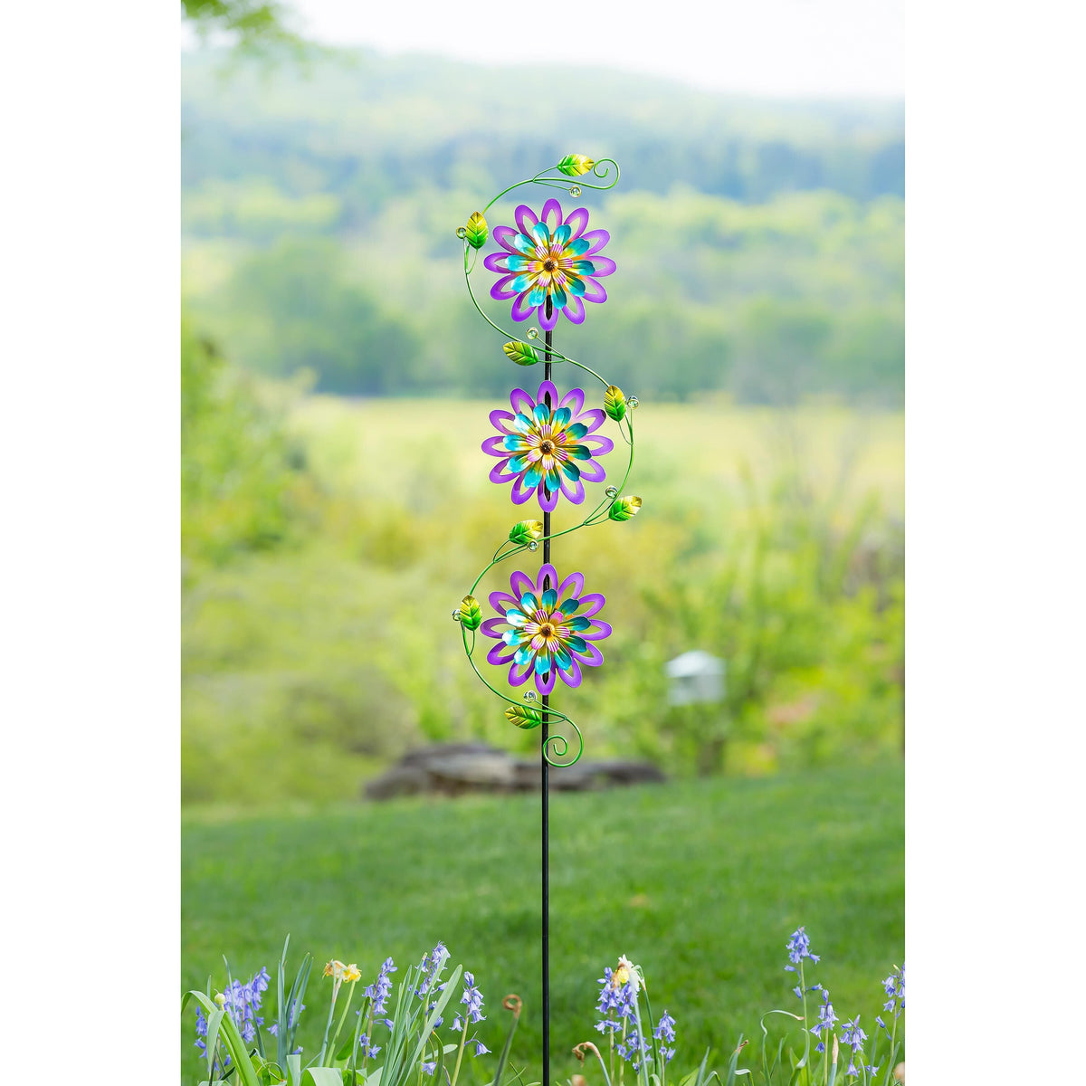 71"H Garden Stake with Spinning Flowers, Violet Trio