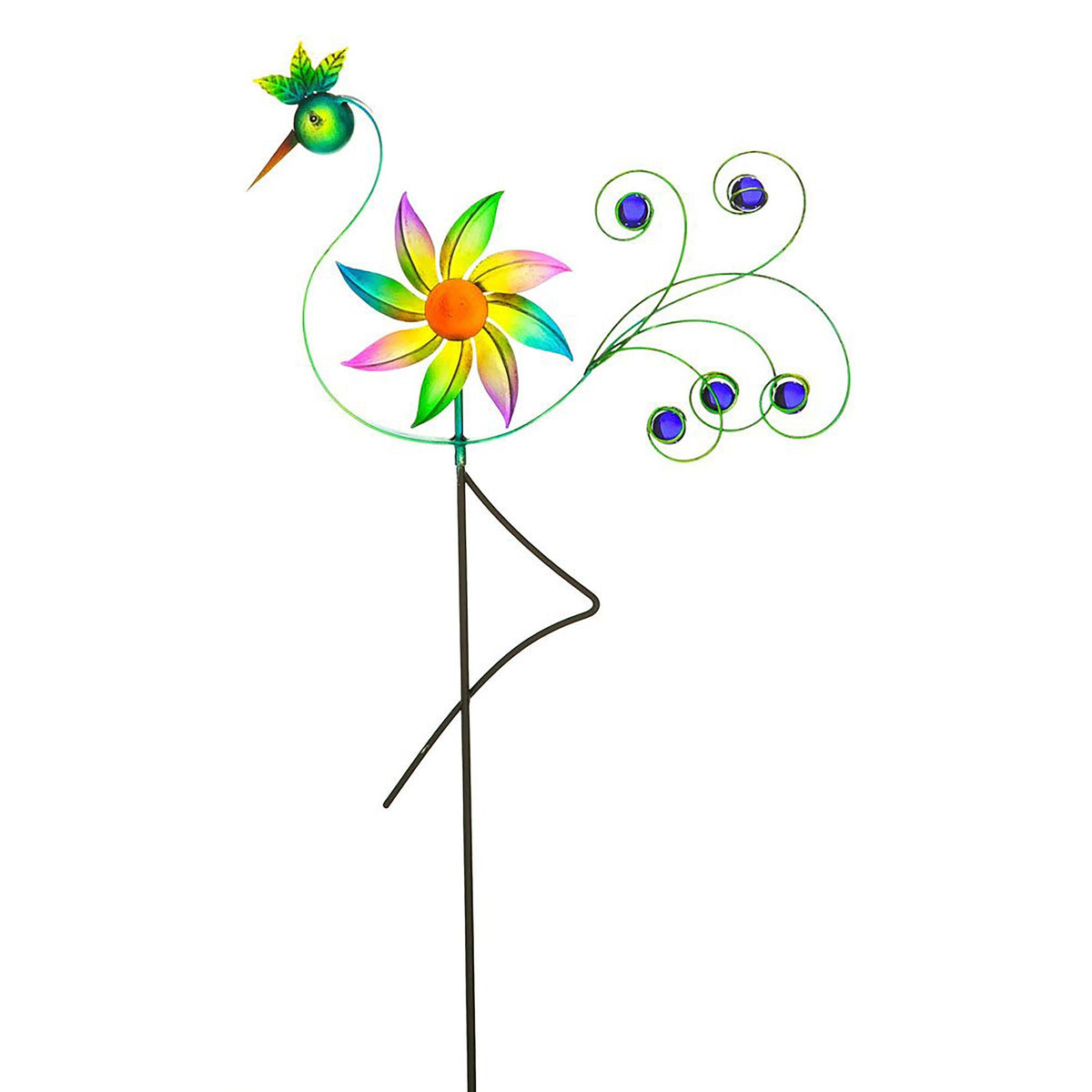 Cheerful Summer Days Windspinner Garden Stake, Green/yellow/pink Bird, Short