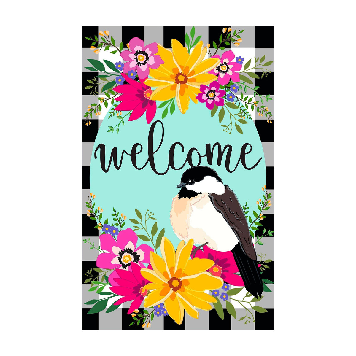 Farmhouse Chickadee with Check Garden Linen Flag
