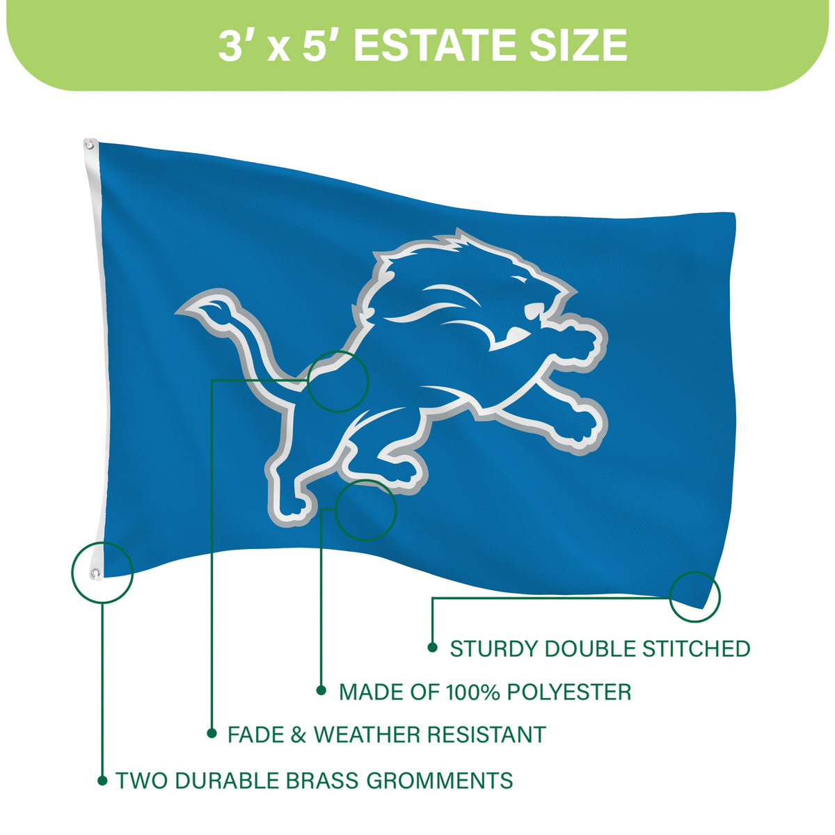 Detroit Lions Single Sided Flag w/ 2 Grommets, 3'x5'