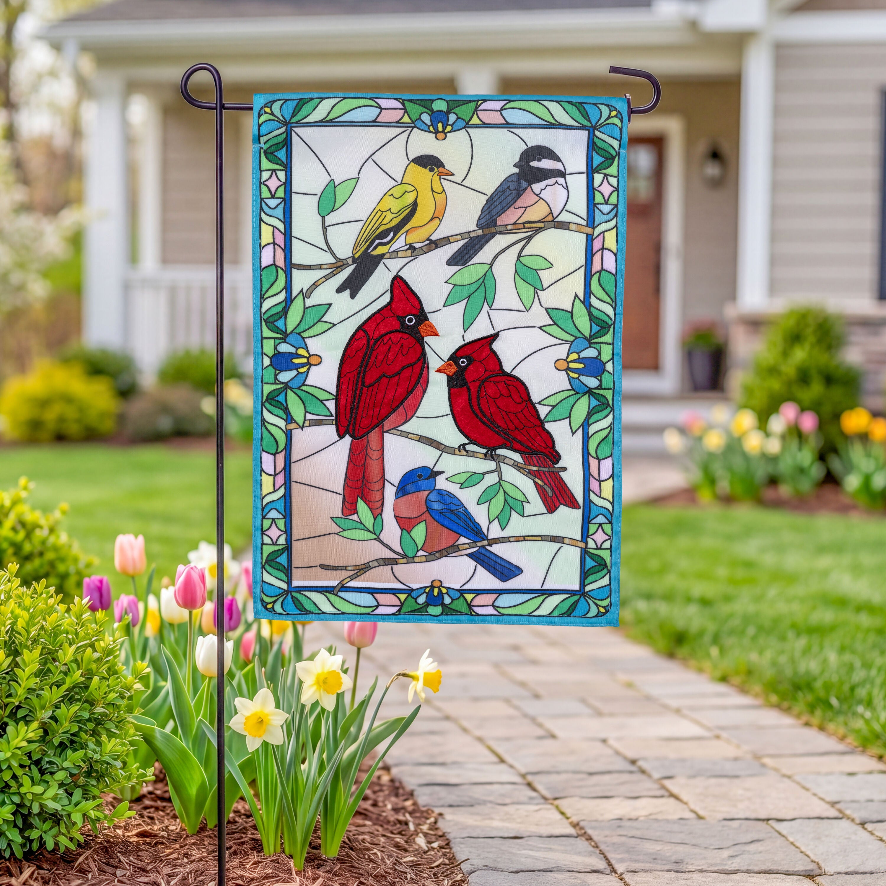 Stained Glass Songbirds Applique Garden Flag