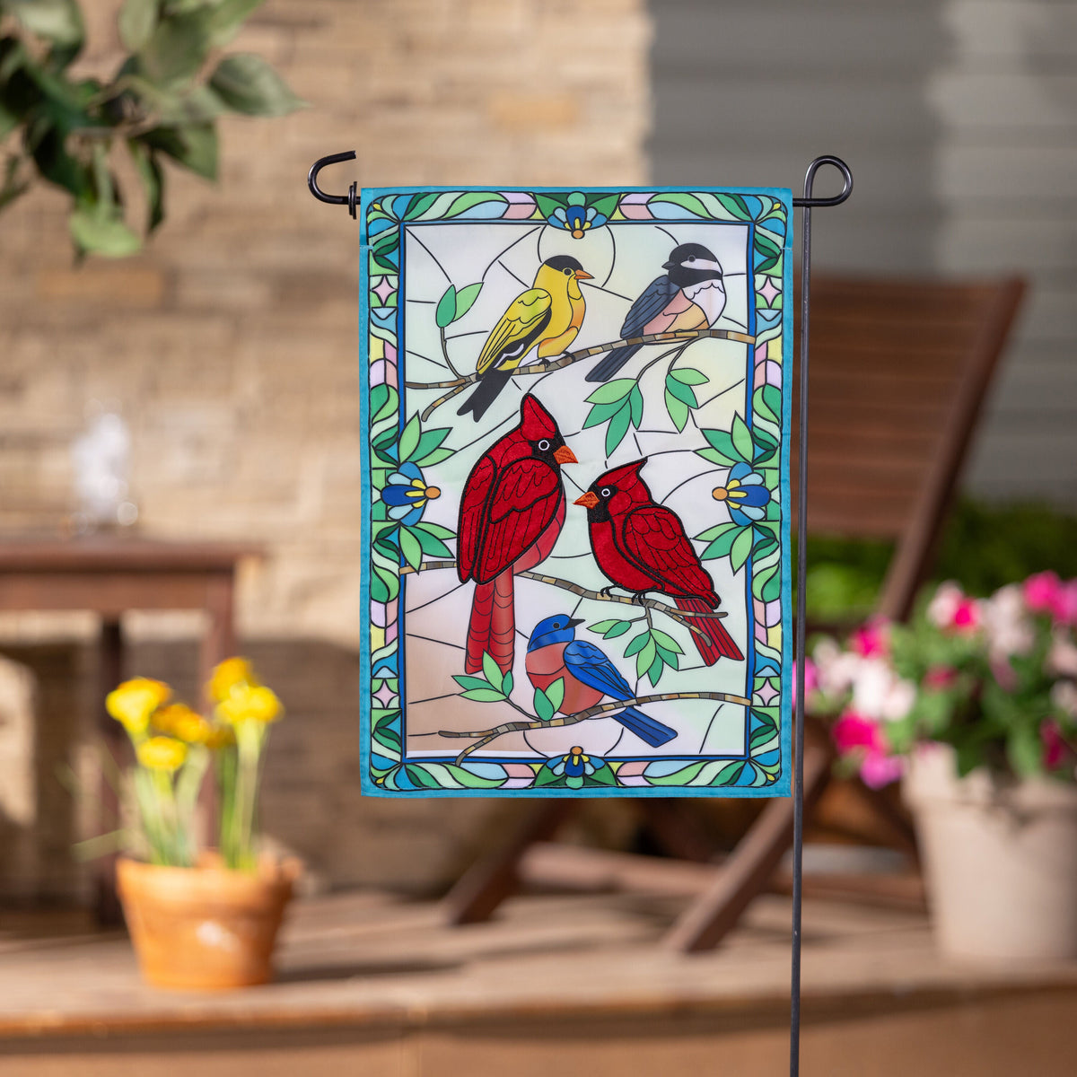 Stained Glass Songbirds Applique Garden Flag
