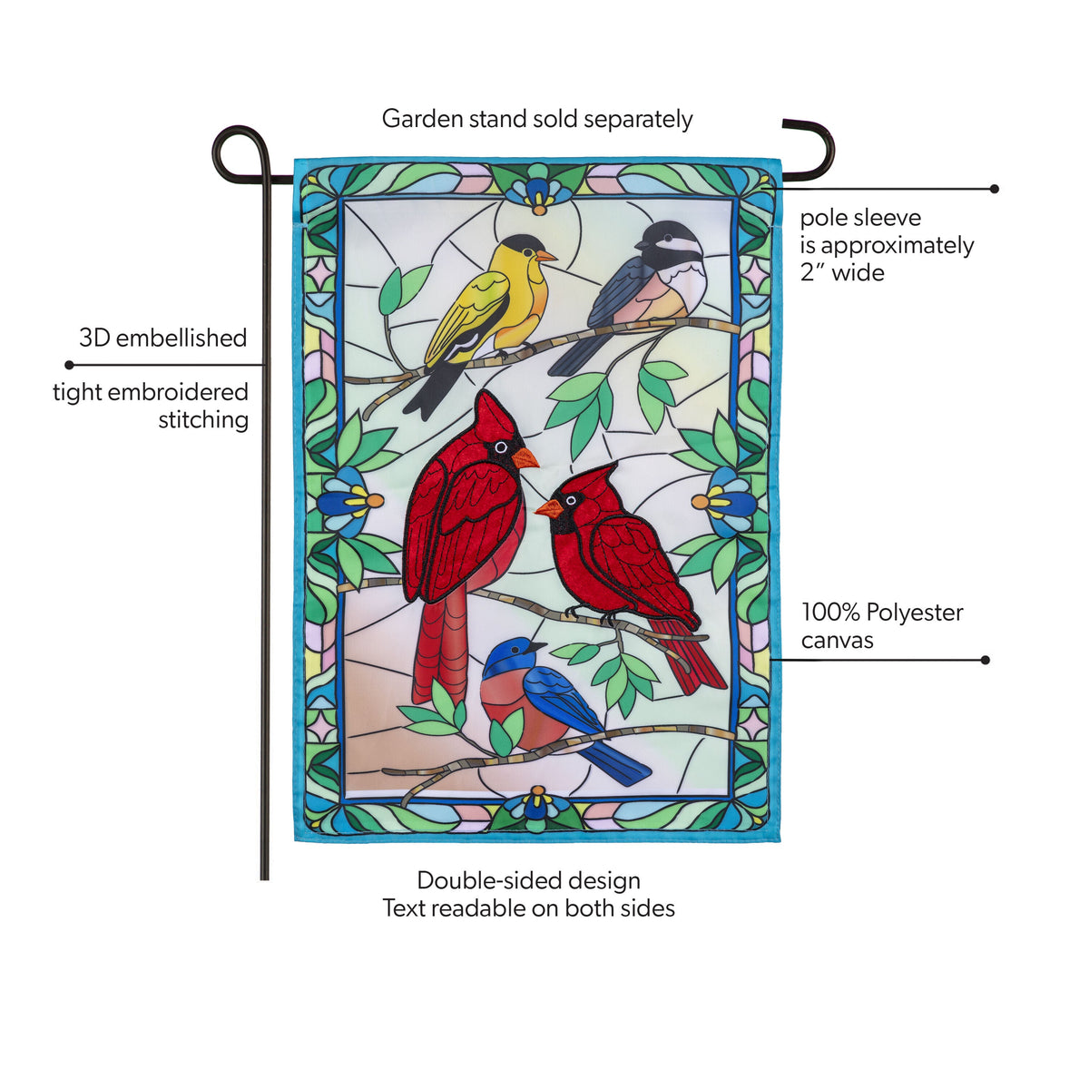 Stained Glass Songbirds Applique Garden Flag
