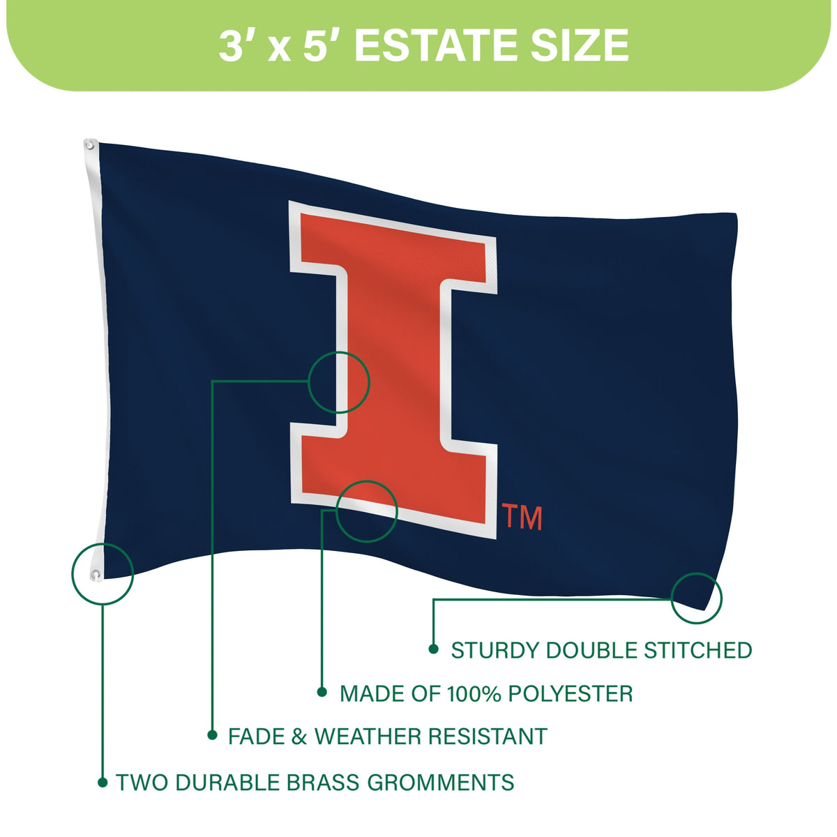 University of Illinois Single Sided Flag w/ 2 Grommets, 3'x5'