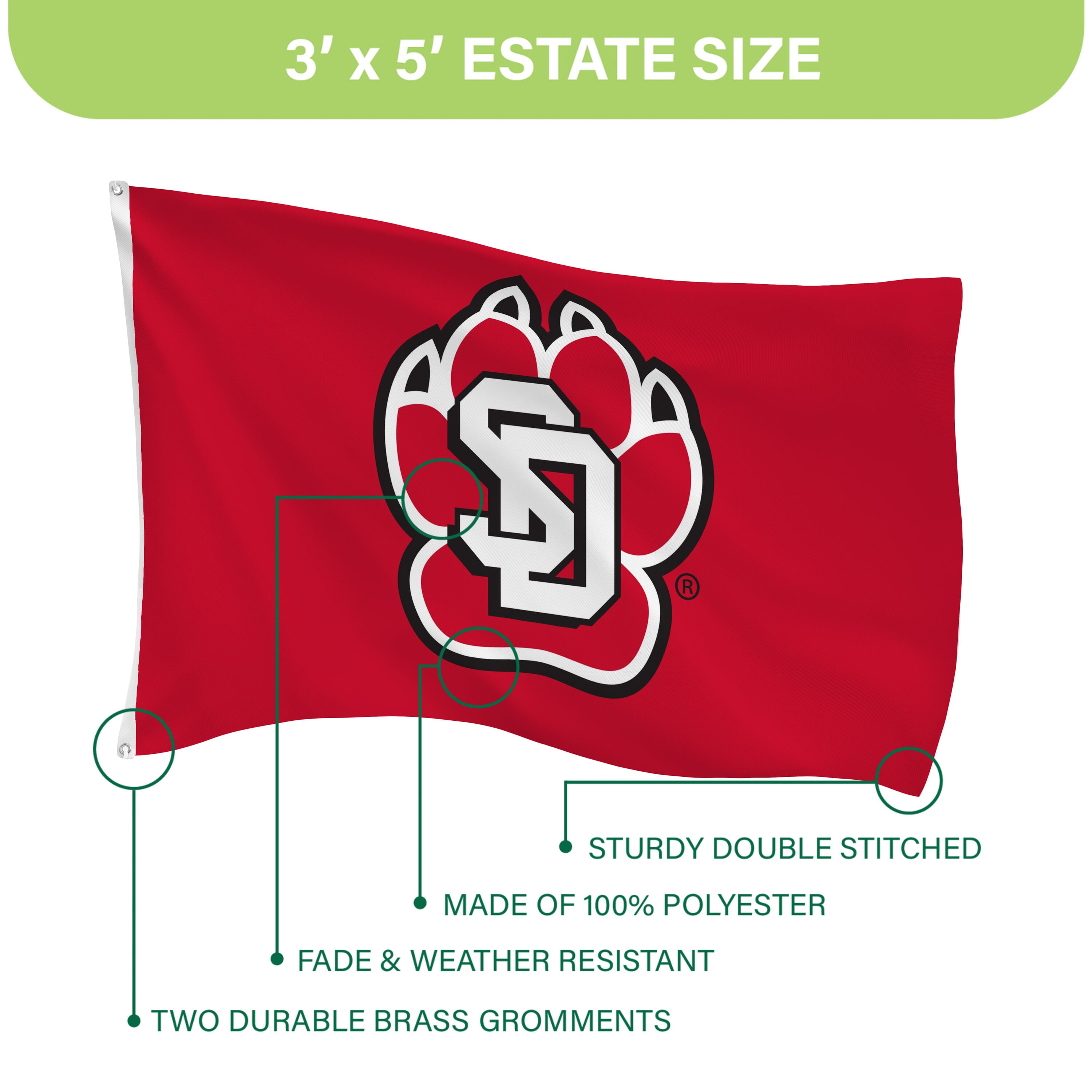 University of South Dakota Single Sided Flag w/ 2 Grommets, 3'x5'