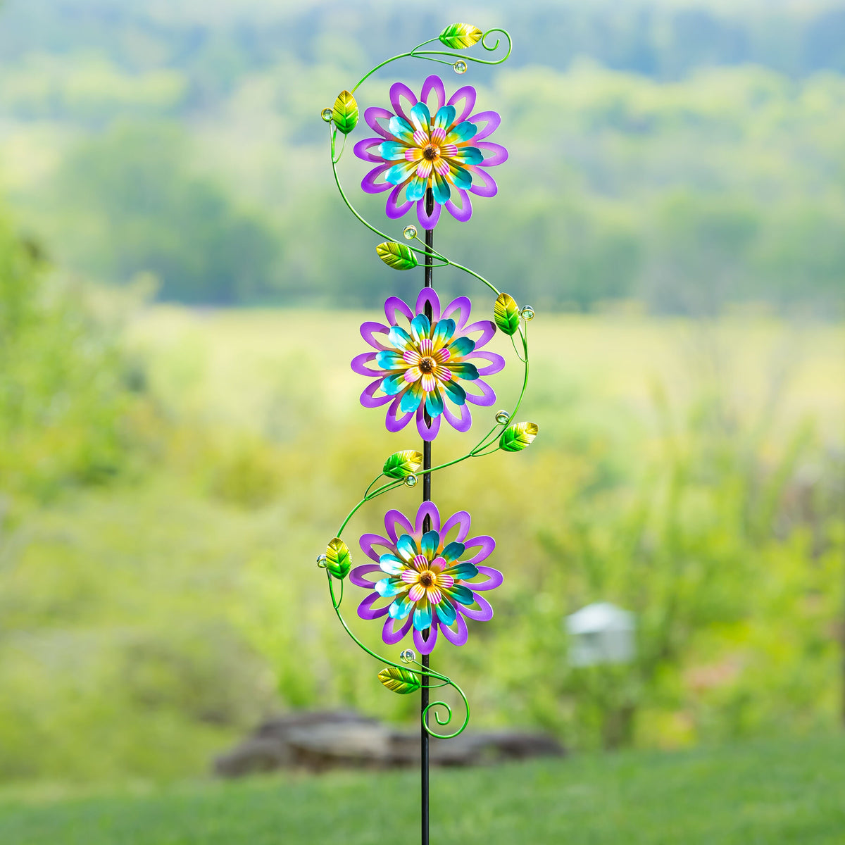 71"H Garden Stake with Spinning Flowers, Violet Trio