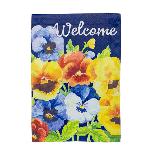 Welcome Pansies Suede House Flag