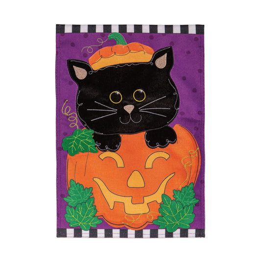 Jack O'Lantern & Black Cat Burlap Garden Flag