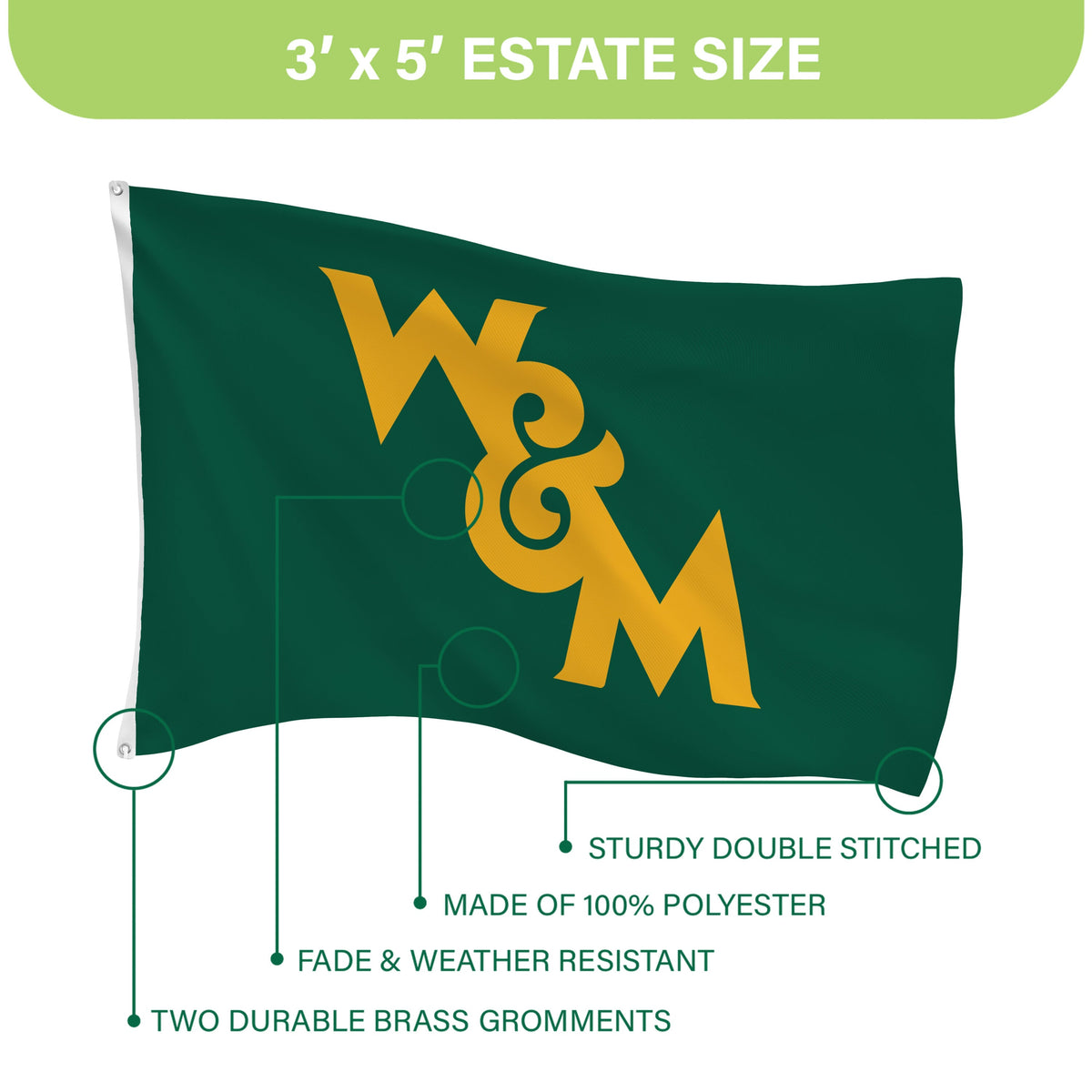 William & Mary Single Sided Flag w/ 2 Grommets, 3'x5'