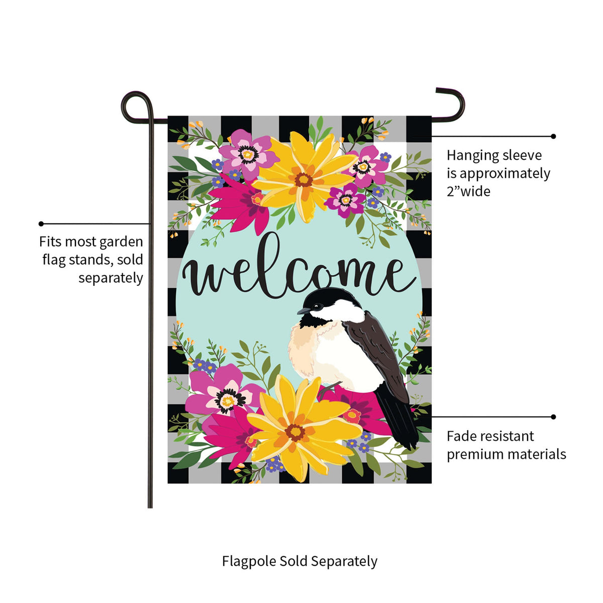 Farmhouse Chickadee with Check Garden Linen Flag