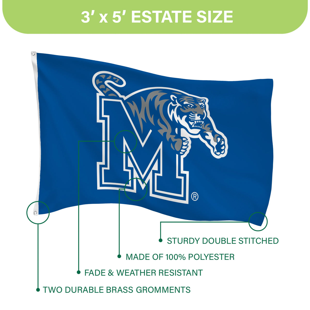 University of Memphis Single Sided Flag w/ 2 Grommets, 3'x5'