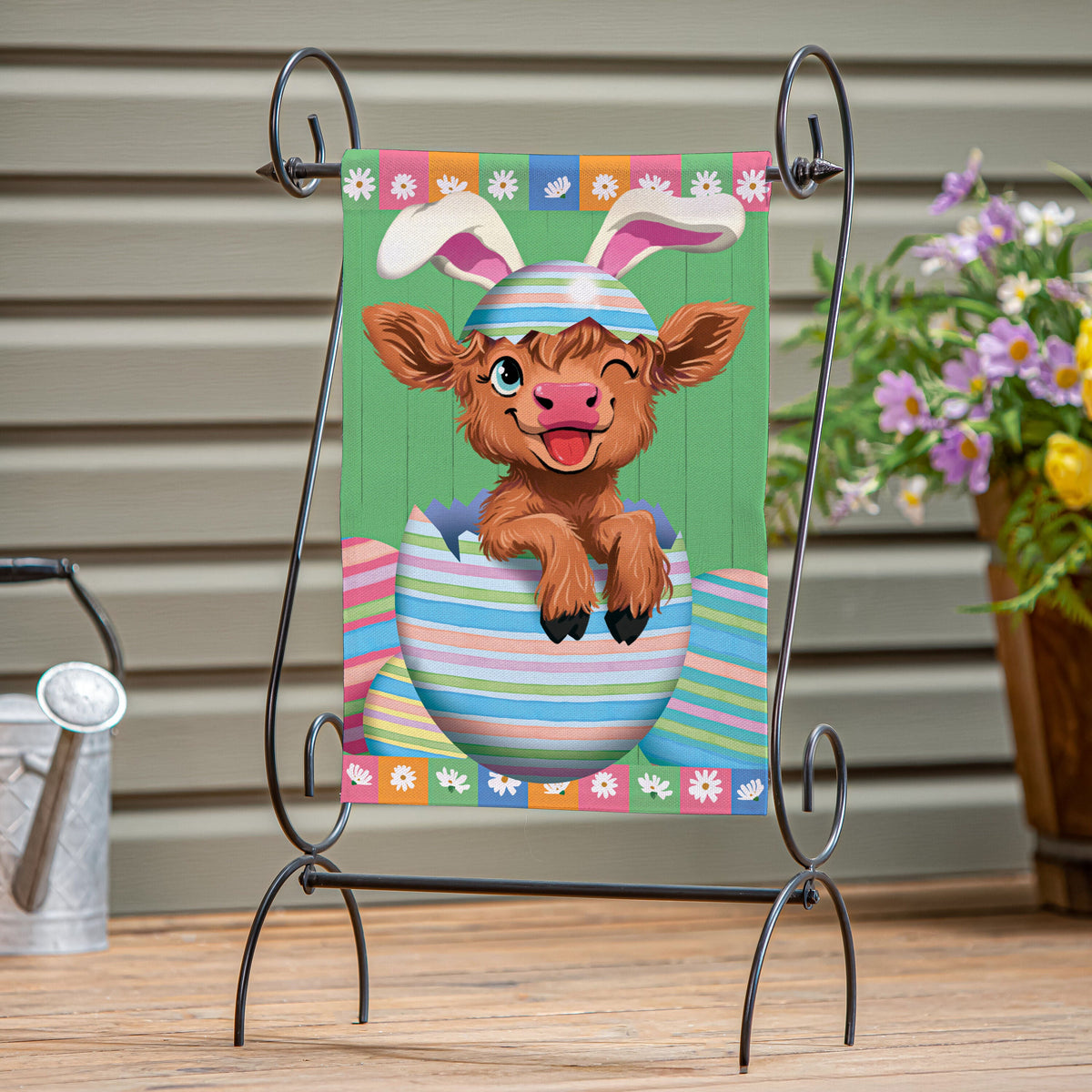 Winky The Easter Highland Cow Burlap Garden Flag