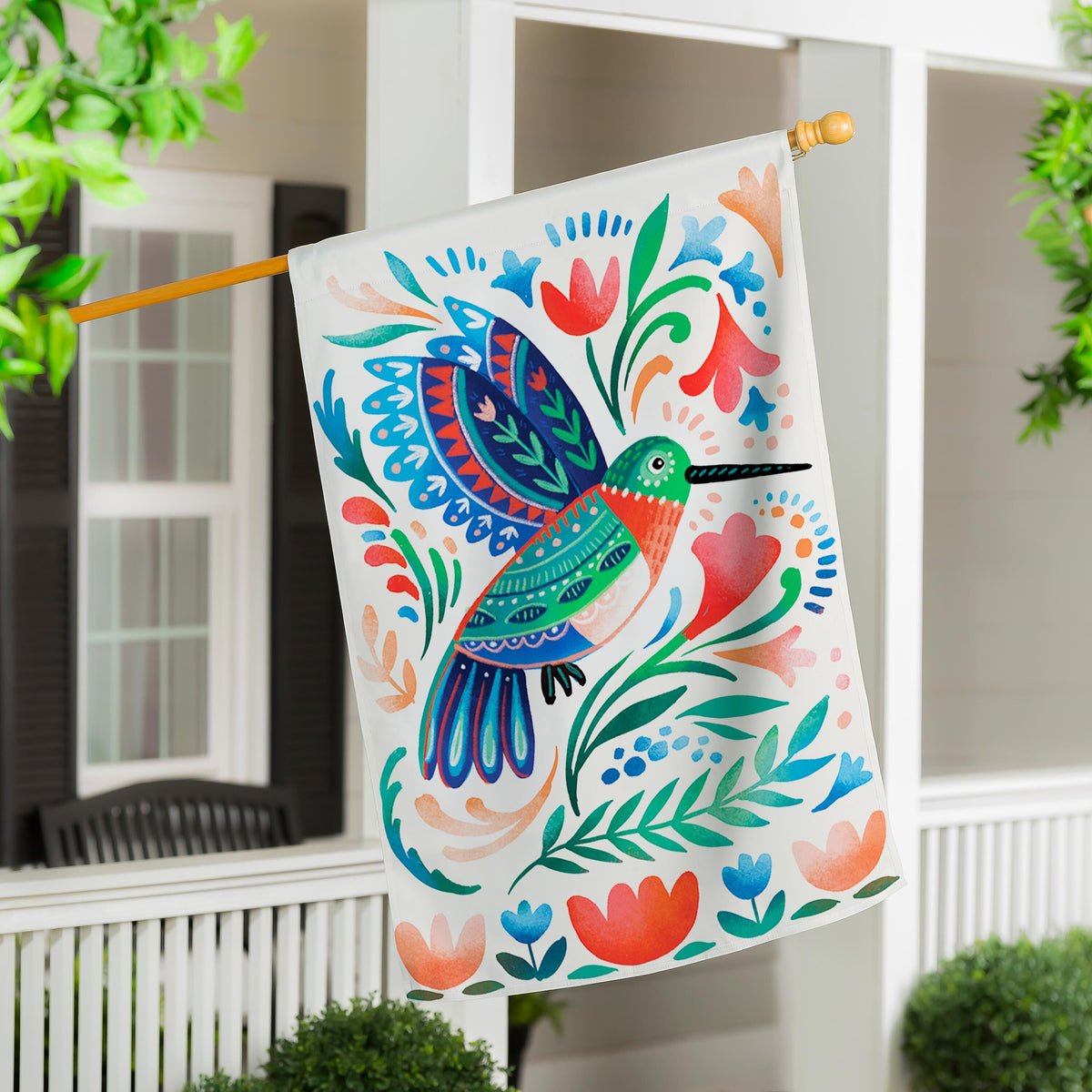 Floral Peacock Applique House Flag