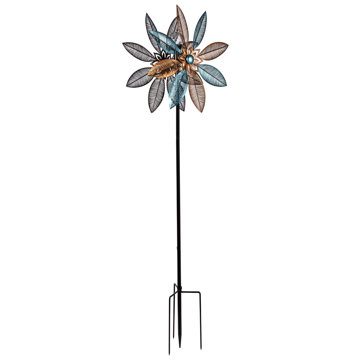 Metal Solar Wind Spinner, Copper and Turquoise Pedal Flower, 75"H