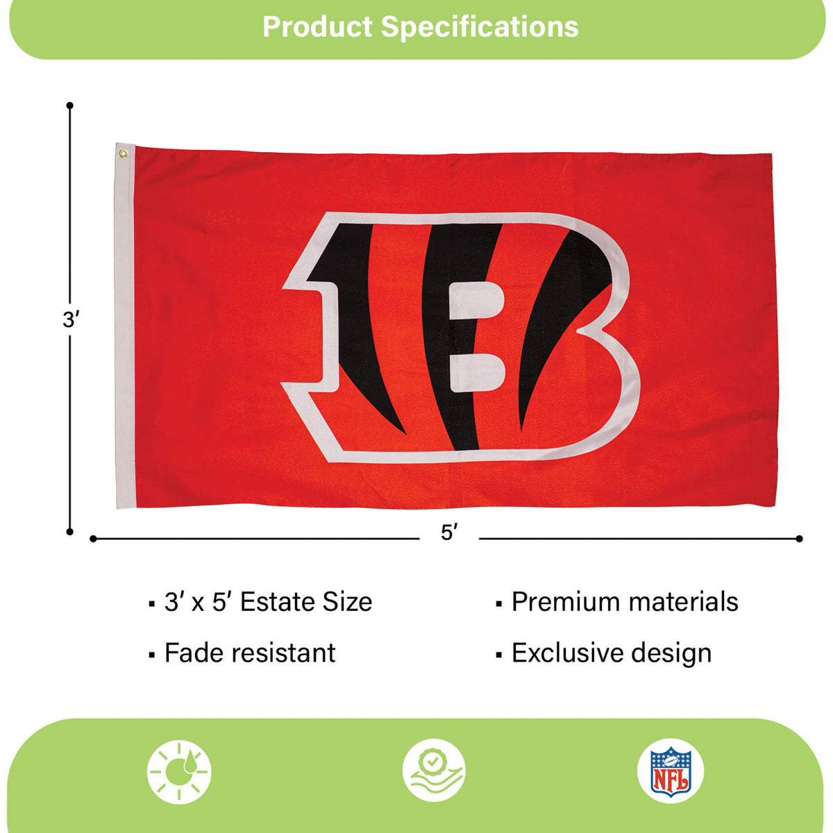 Cincinnati Bengals Single Sided Flag with 2 Grommets, 3'x5'