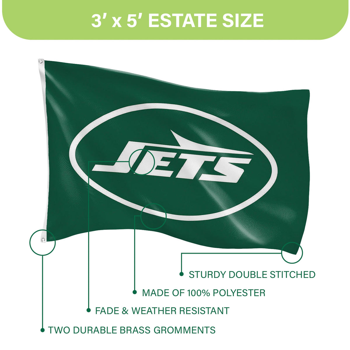 New York Jets Single Sided Flag w/ 2 Grommets, 3'x5'