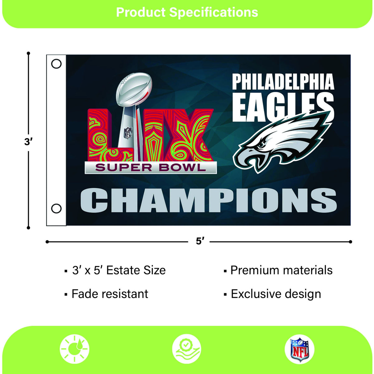 Philadelphia Eagles Super Bowl 59 Champions Single Sided Flag w/ 2 Grommets, 3'x5' Estate Size