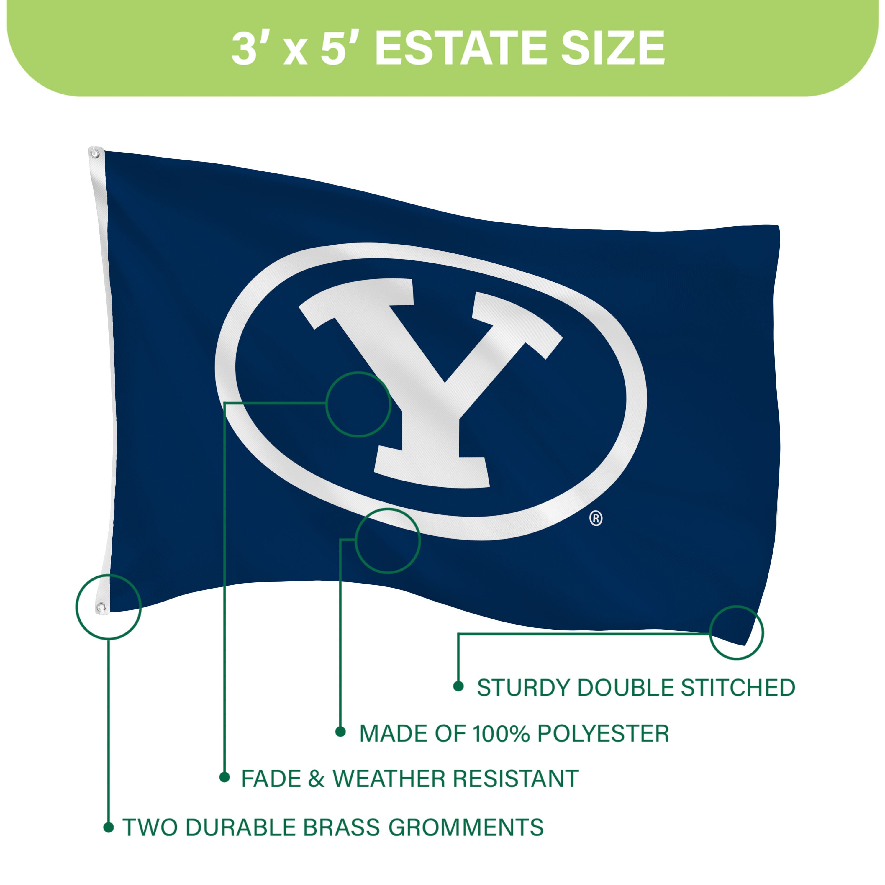 Brigham Young University Single Sided Flag w/ 2 Grommets, 3'x5'