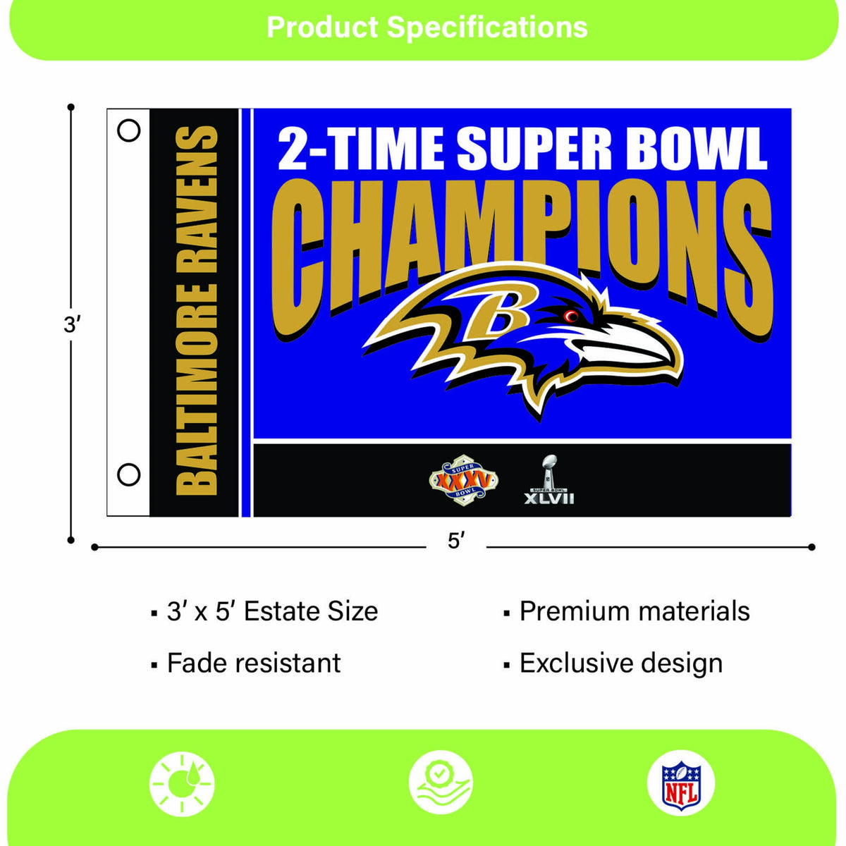 Baltimore Ravens 3X Superbowl Champions Football 3x5 Flag