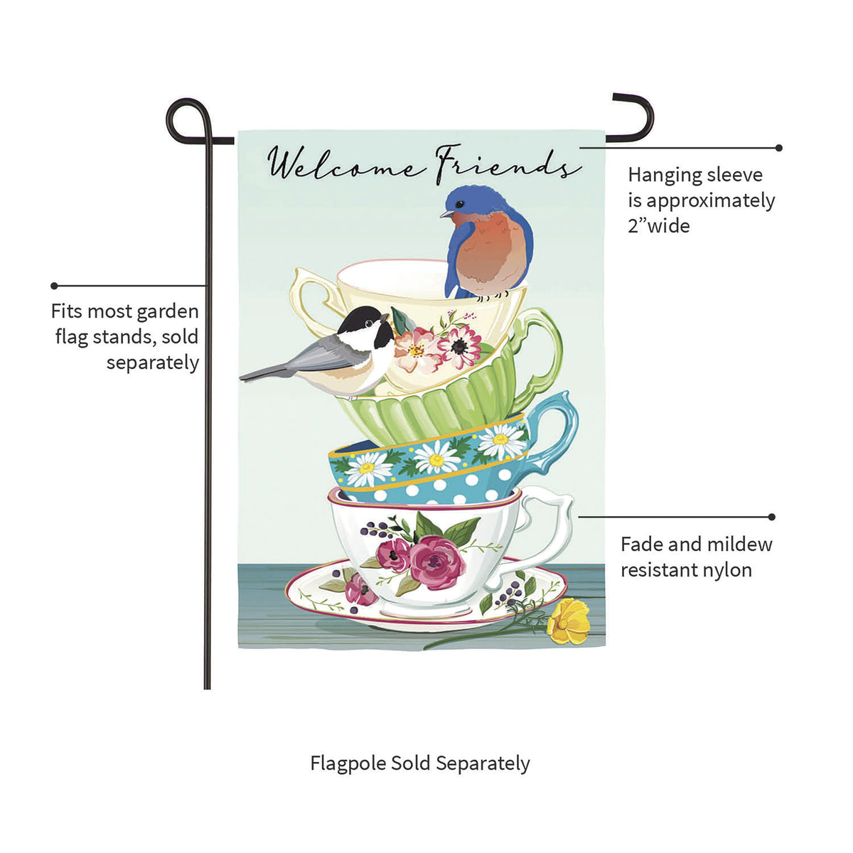 Songbirds and Teacups Applique Garden Flag