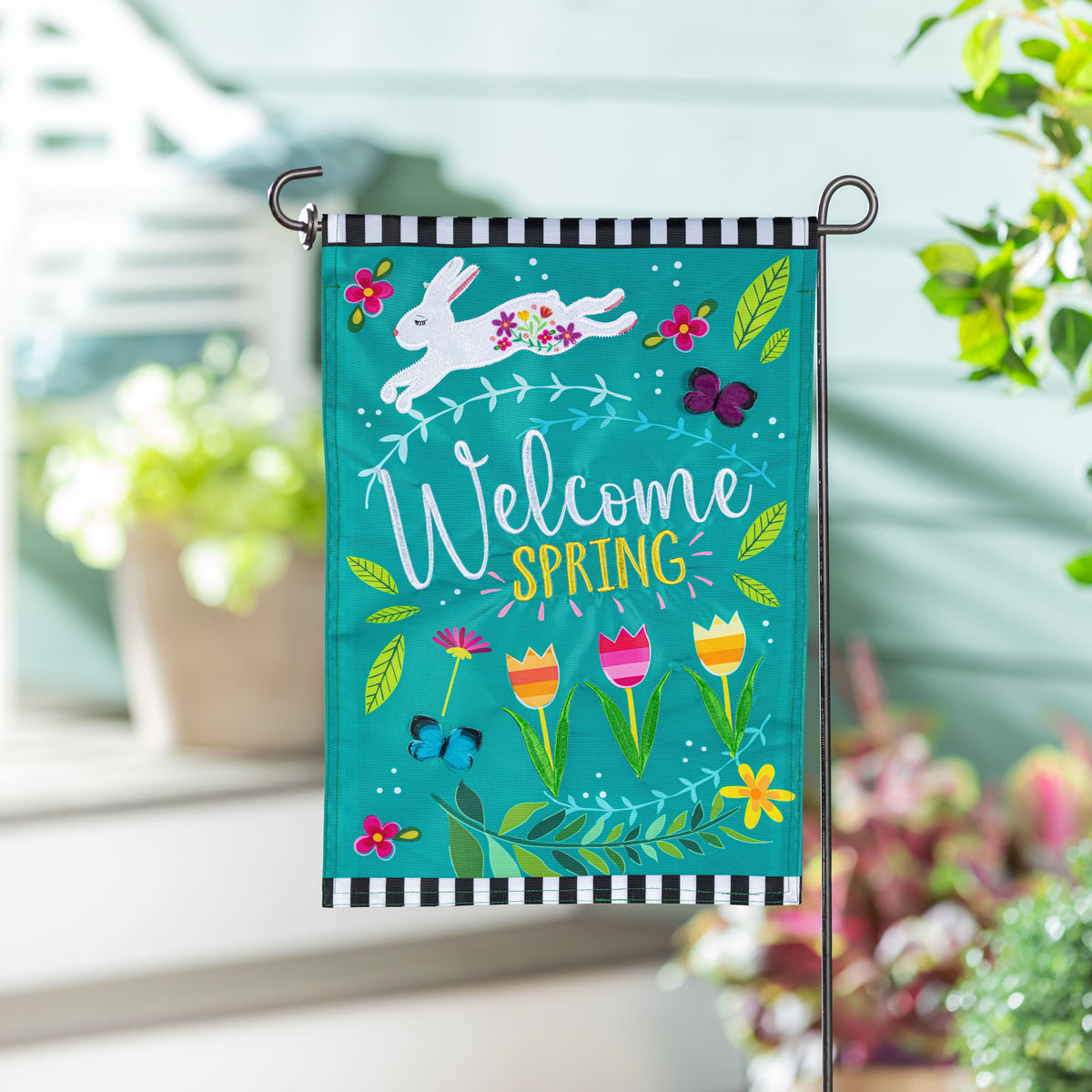 Welcome Spring Bunny Applique Garden Flag