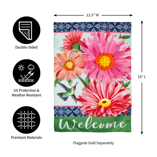 Gerberas and Hummingbird Garden Linen Flag