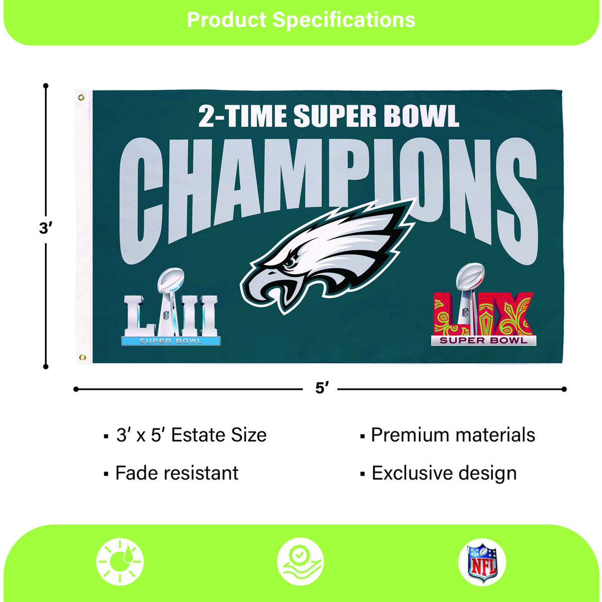 Philadelphia Eagles Multi-Win Super Bowl Champions Football 3x5 Flag