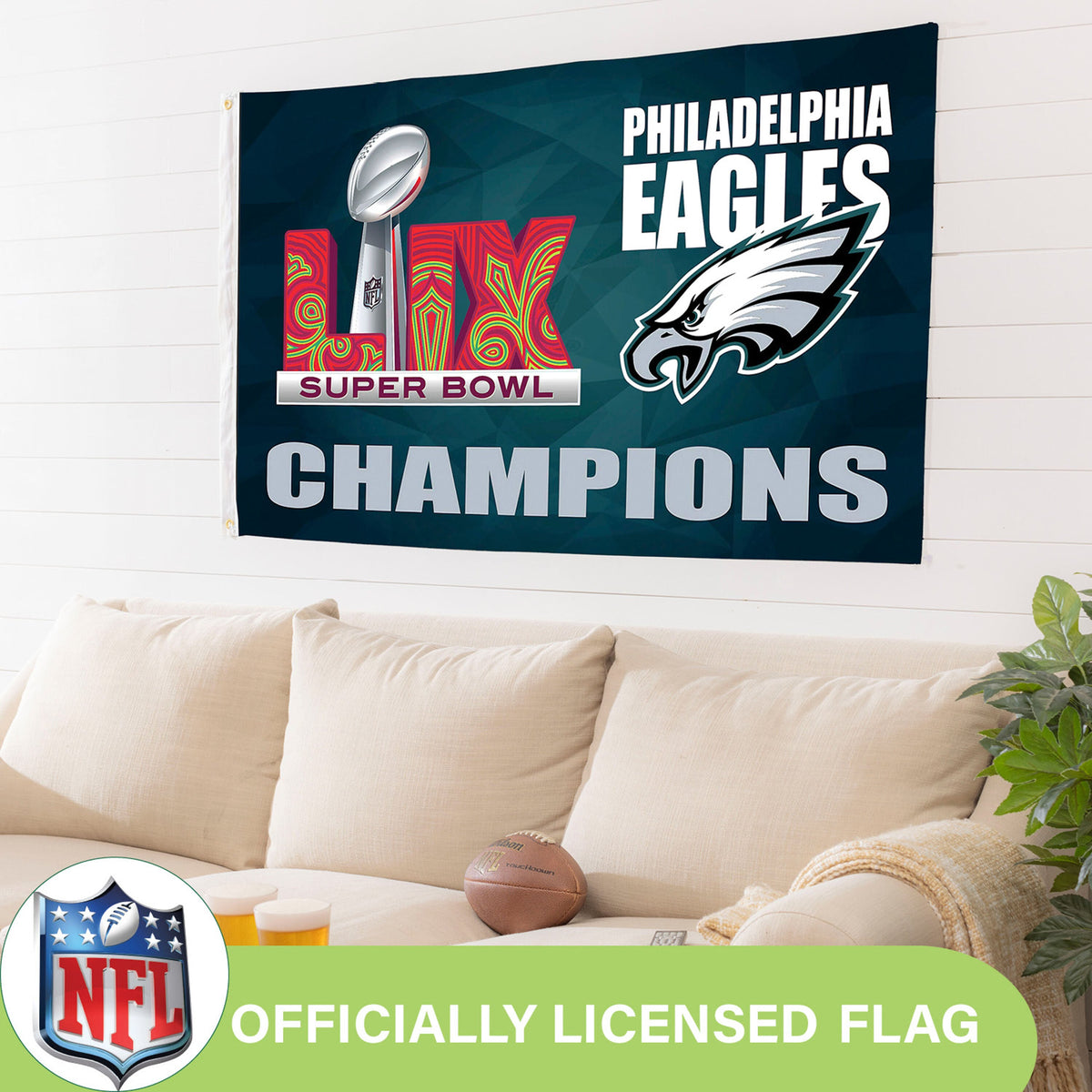 Philadelphia Eagles Super Bowl 59 Champions Single Sided Flag w/ 2 Grommets, 3'x5' Estate Size