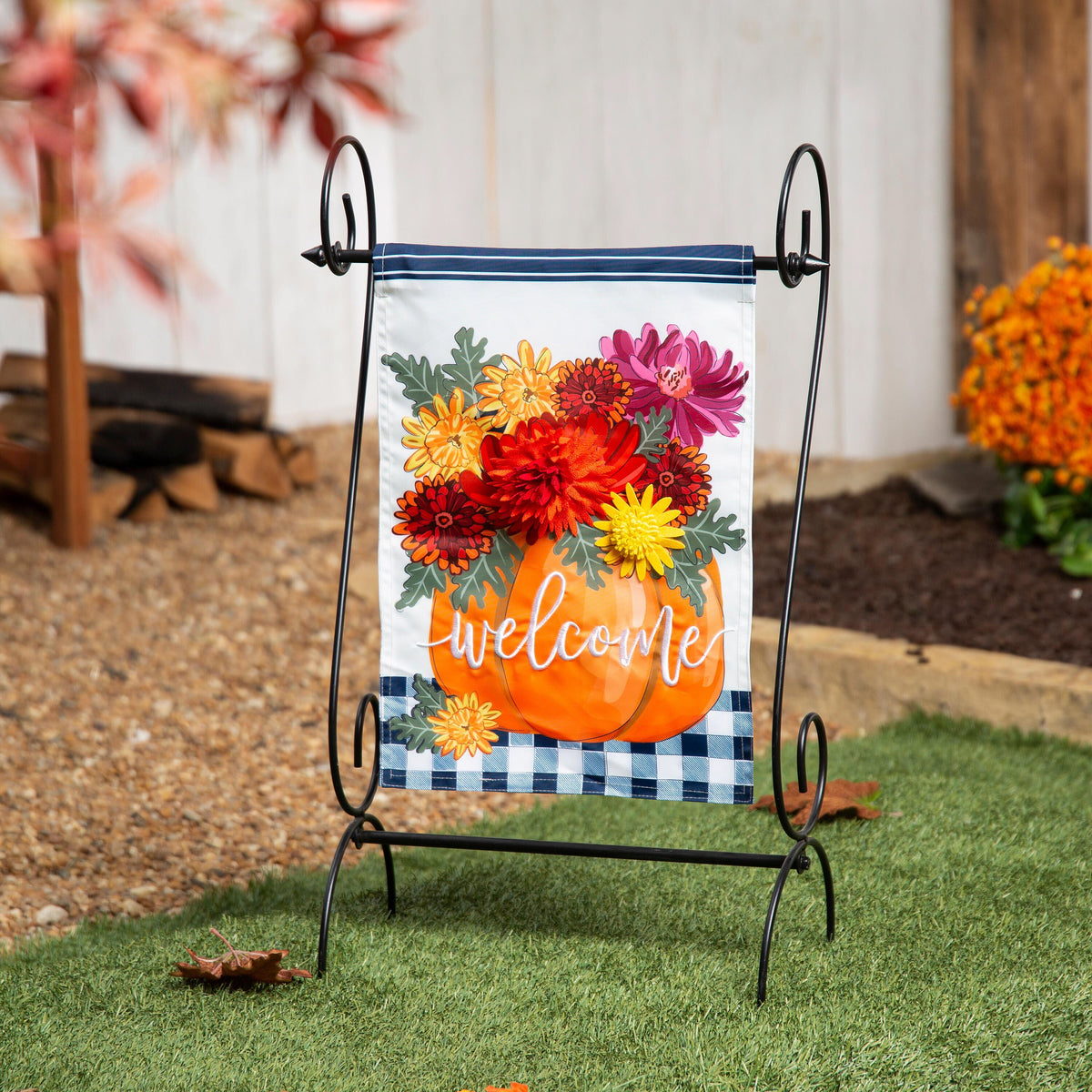 Mums and Pumpkin Applique Garden Flags