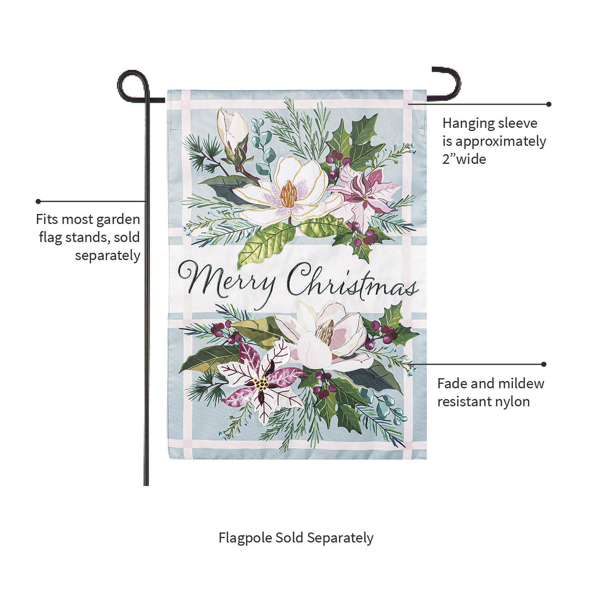 Merry Christmas Floral Applique Garden Flag