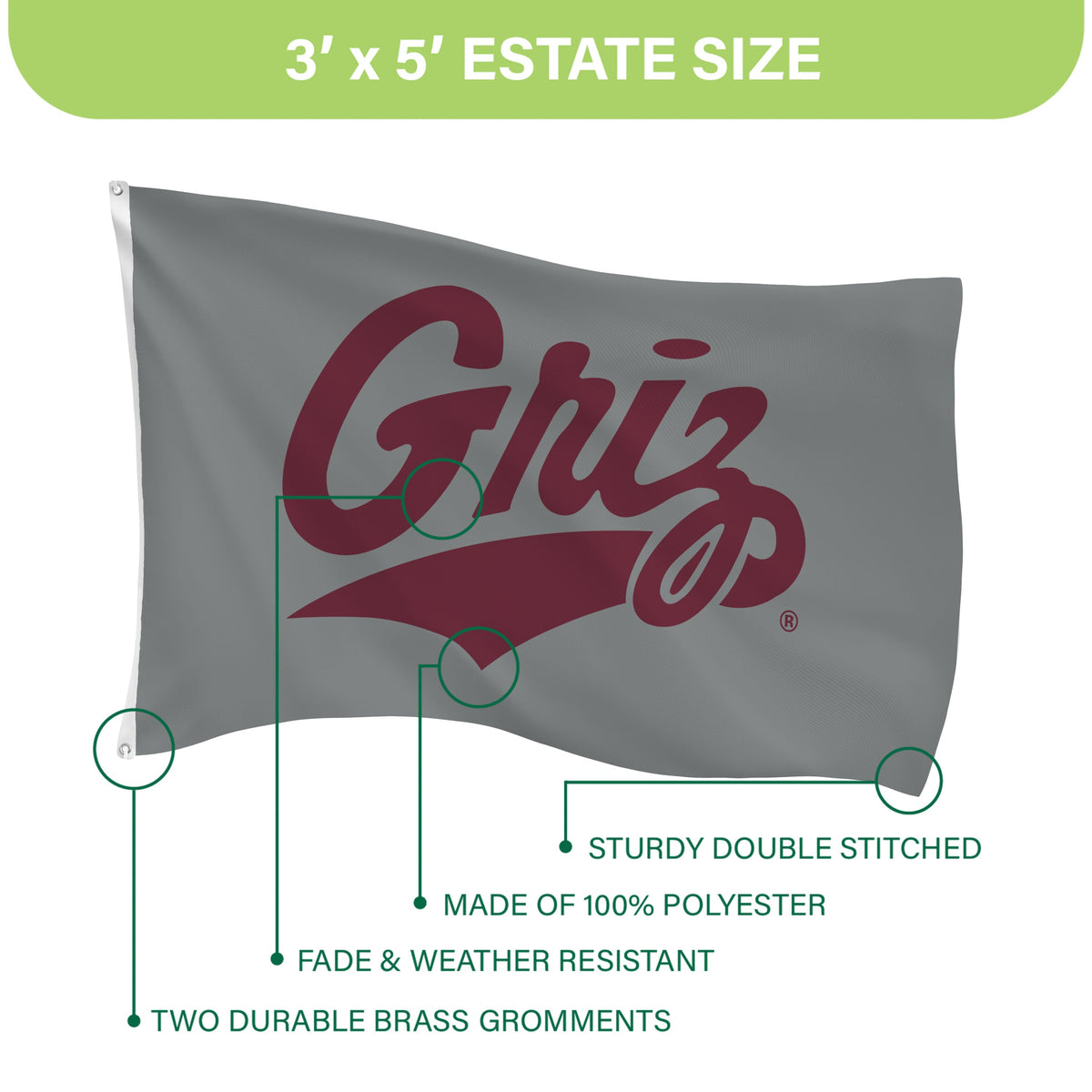 University of Montana Single Sided Flag w/ 2 Grommets, 3'x5'
