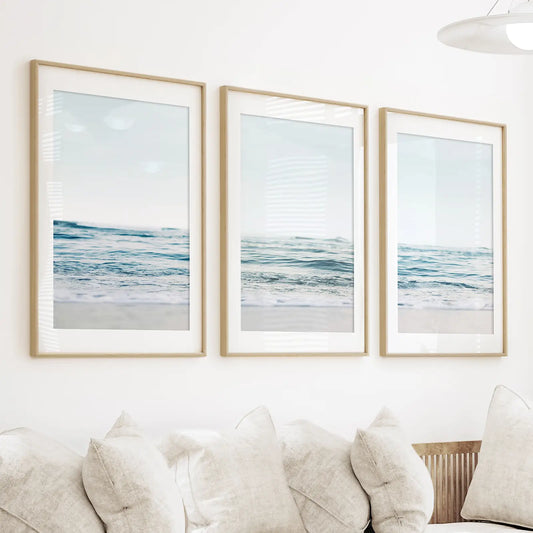 Blue Waves, Sandy Beach. Minimalist 3 Piece Wall Decor