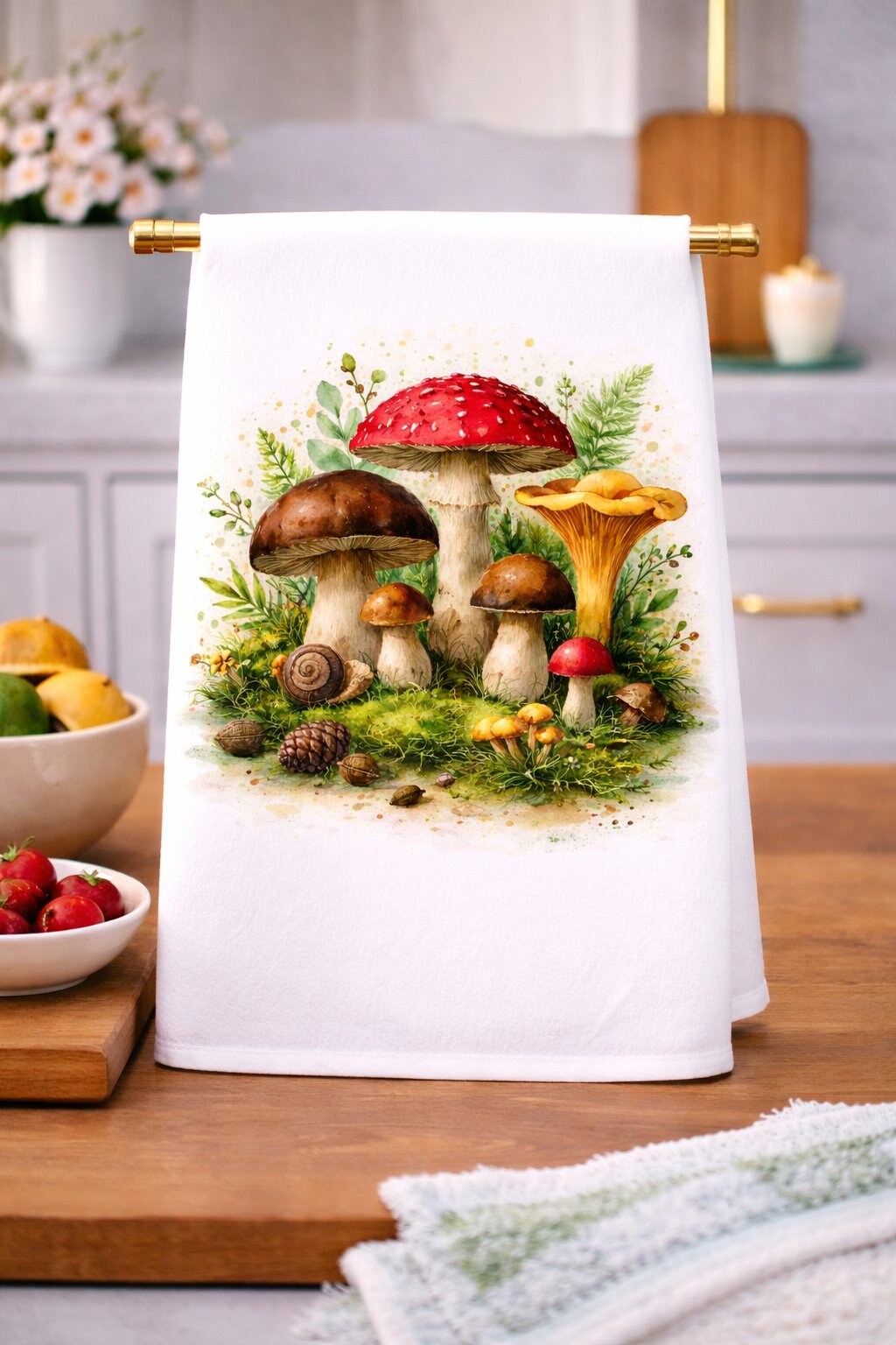 Woodland Mushroom Watercolor Kitchen Towel
