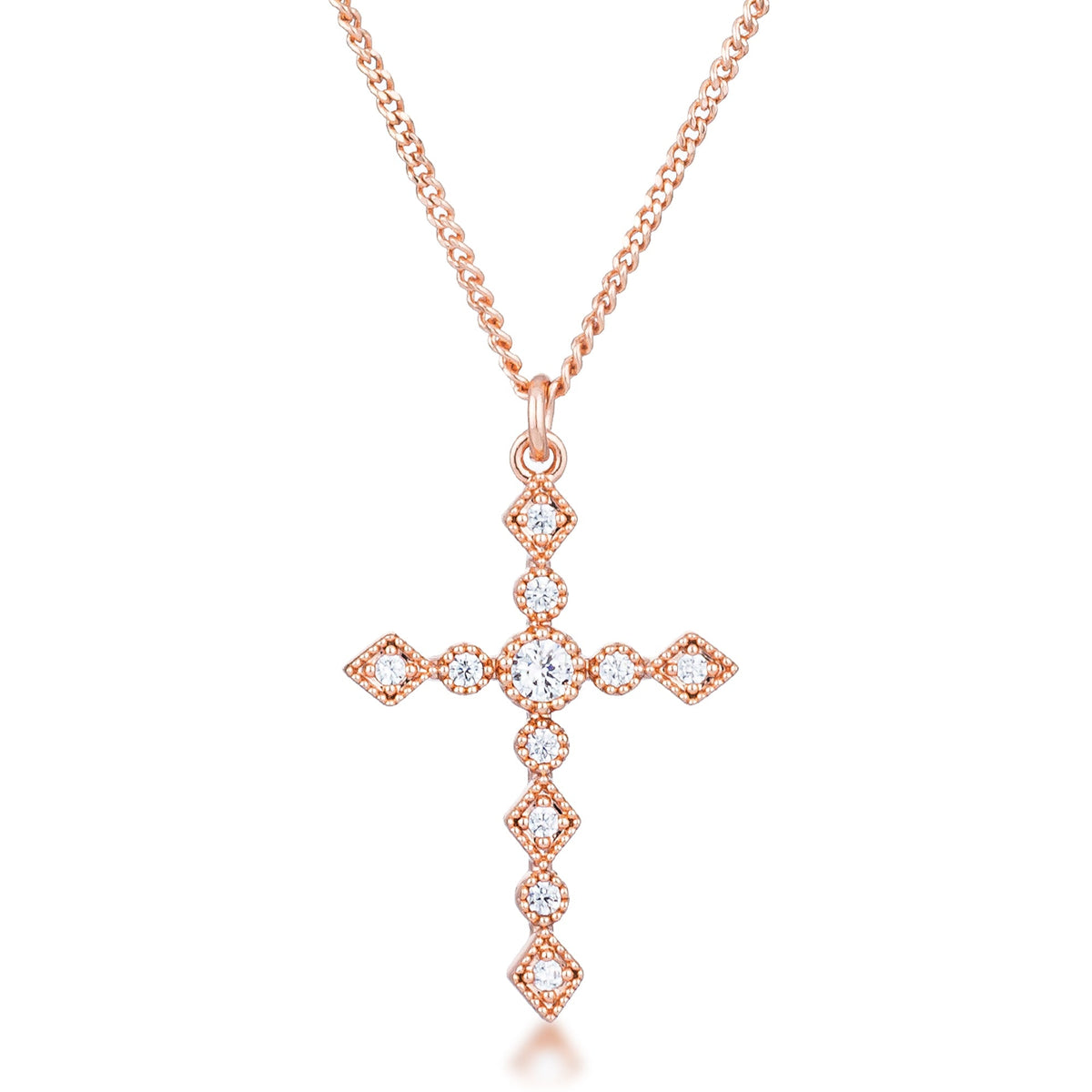 Avera Dainty Art Deco Plated CZ Cross Pendant - Pink Stone