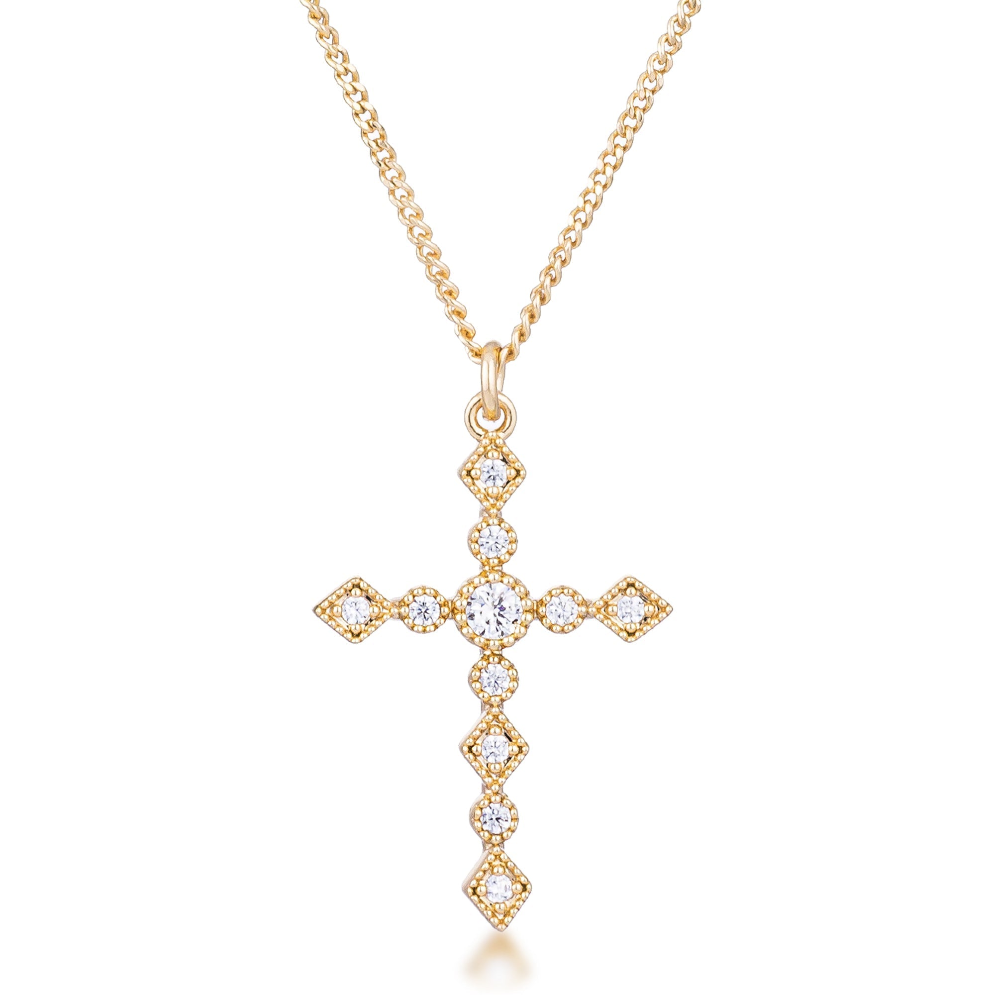 Avera Dainty Art Deco Plated CZ Cross Pendant - Pink Stone